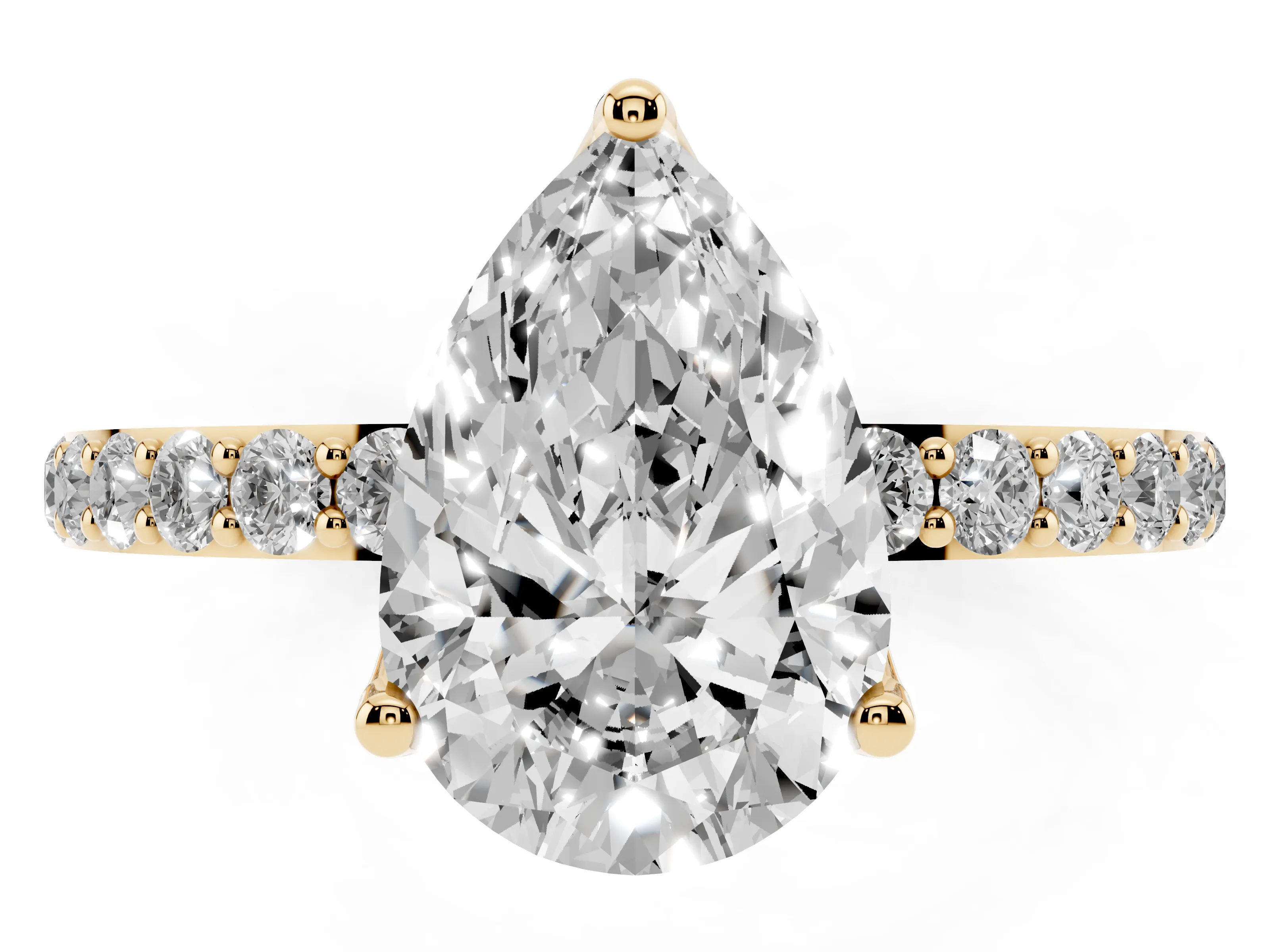 Pear Cut Diamond Solitaire Engagement Ring Set in Yellow gold with Round Pavé Band and Prong Setting