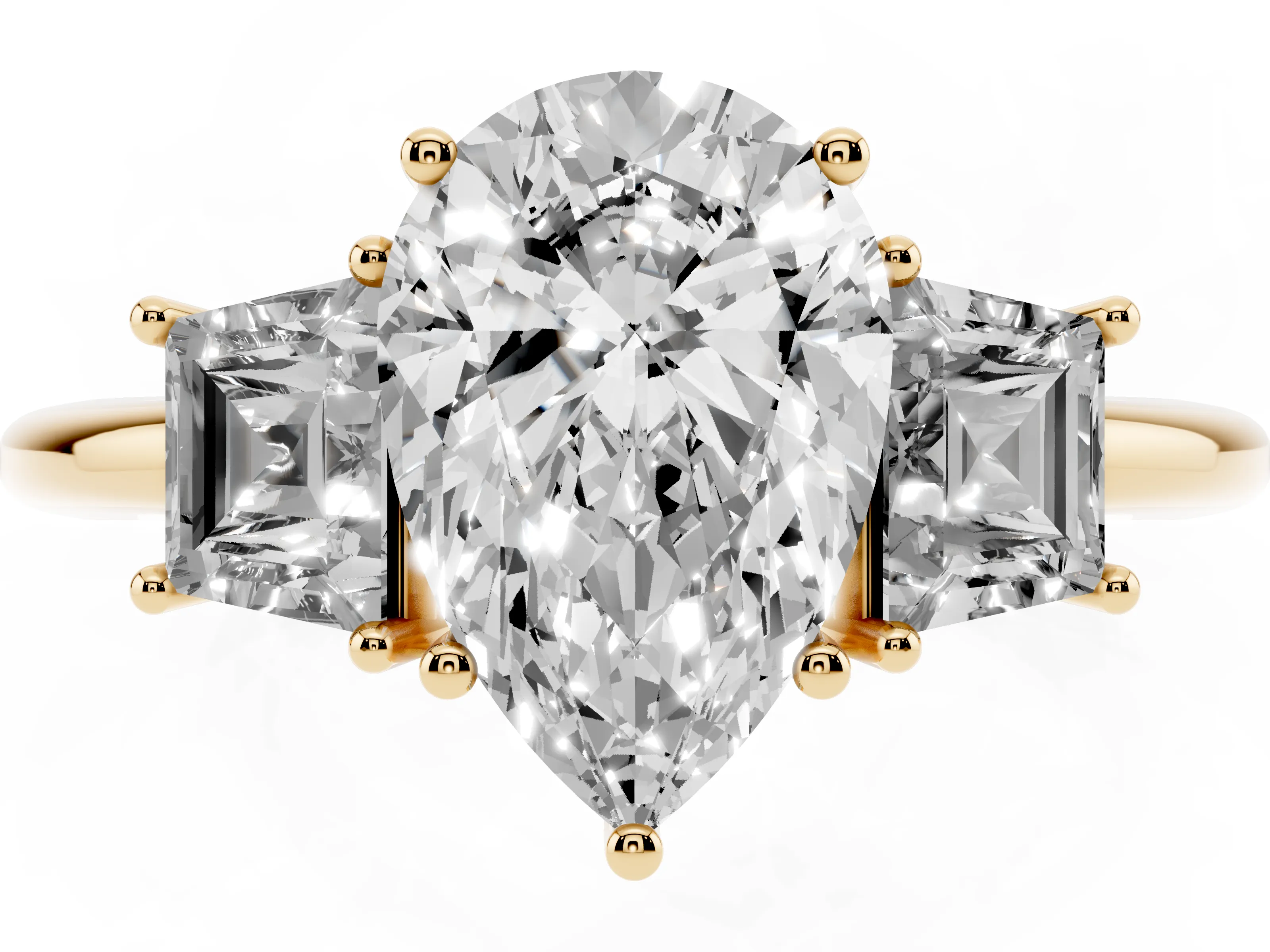 Pear Cut Diamond Three-Stone Ring Set in Yellow gold with Trapezoid Side Stones and Prong Setting