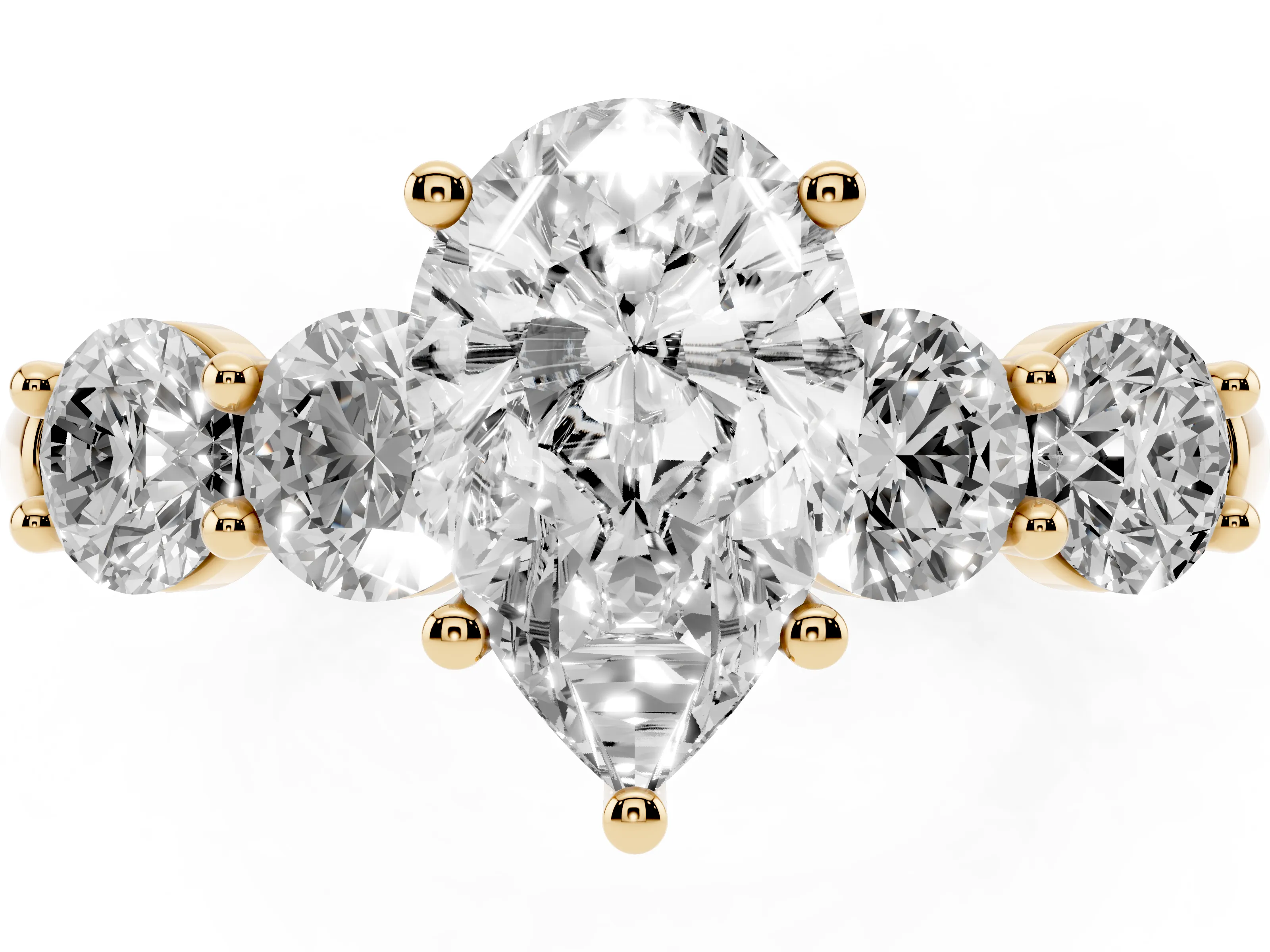 Pear Cut Diamond Five-Stone Prong Set Ring Set in Yellow gold with Classic Band