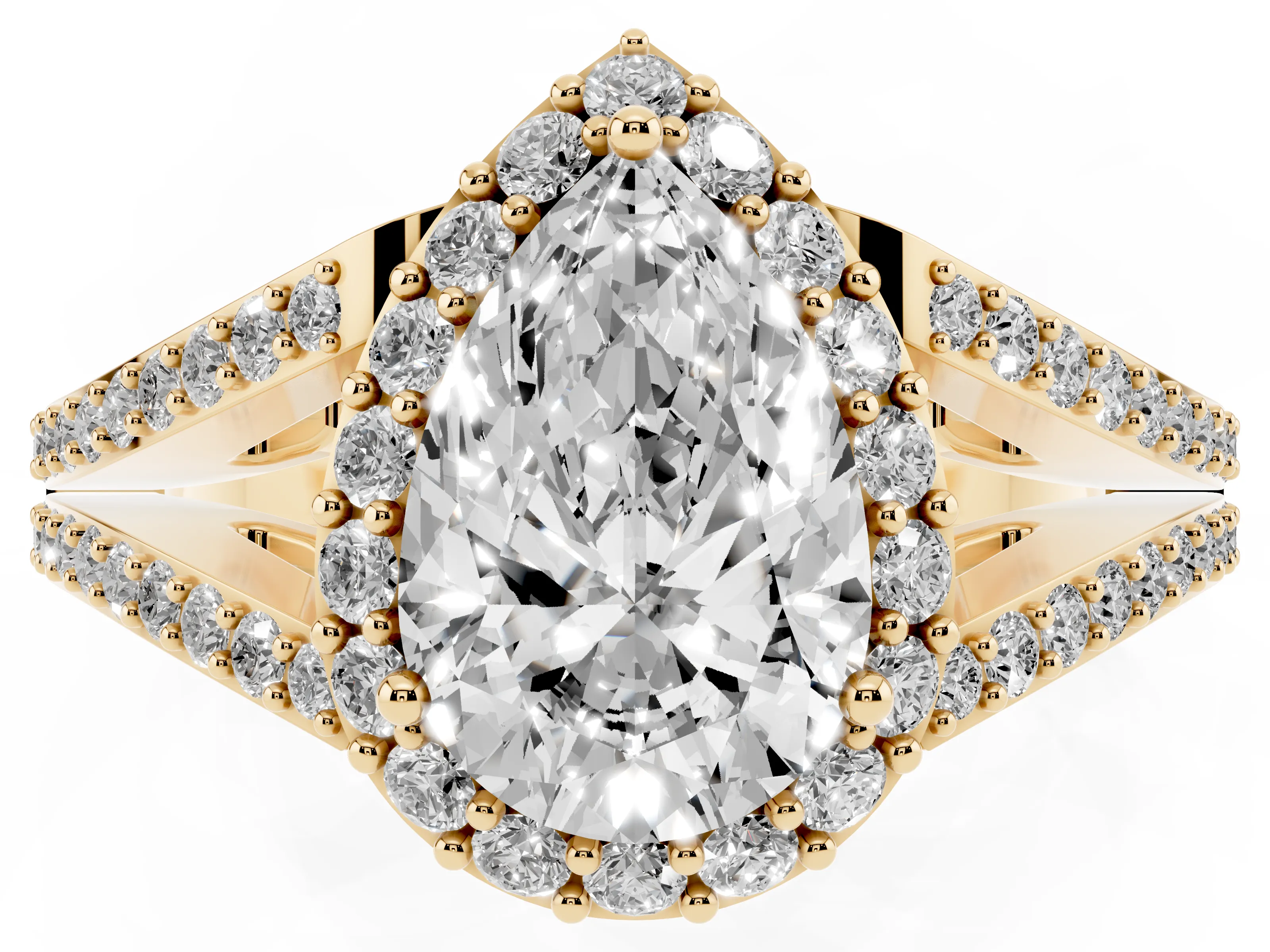 Pear Cut Diamond Halo Split Shank Pavé Ring Set in Yellow gold with Prong Setting
