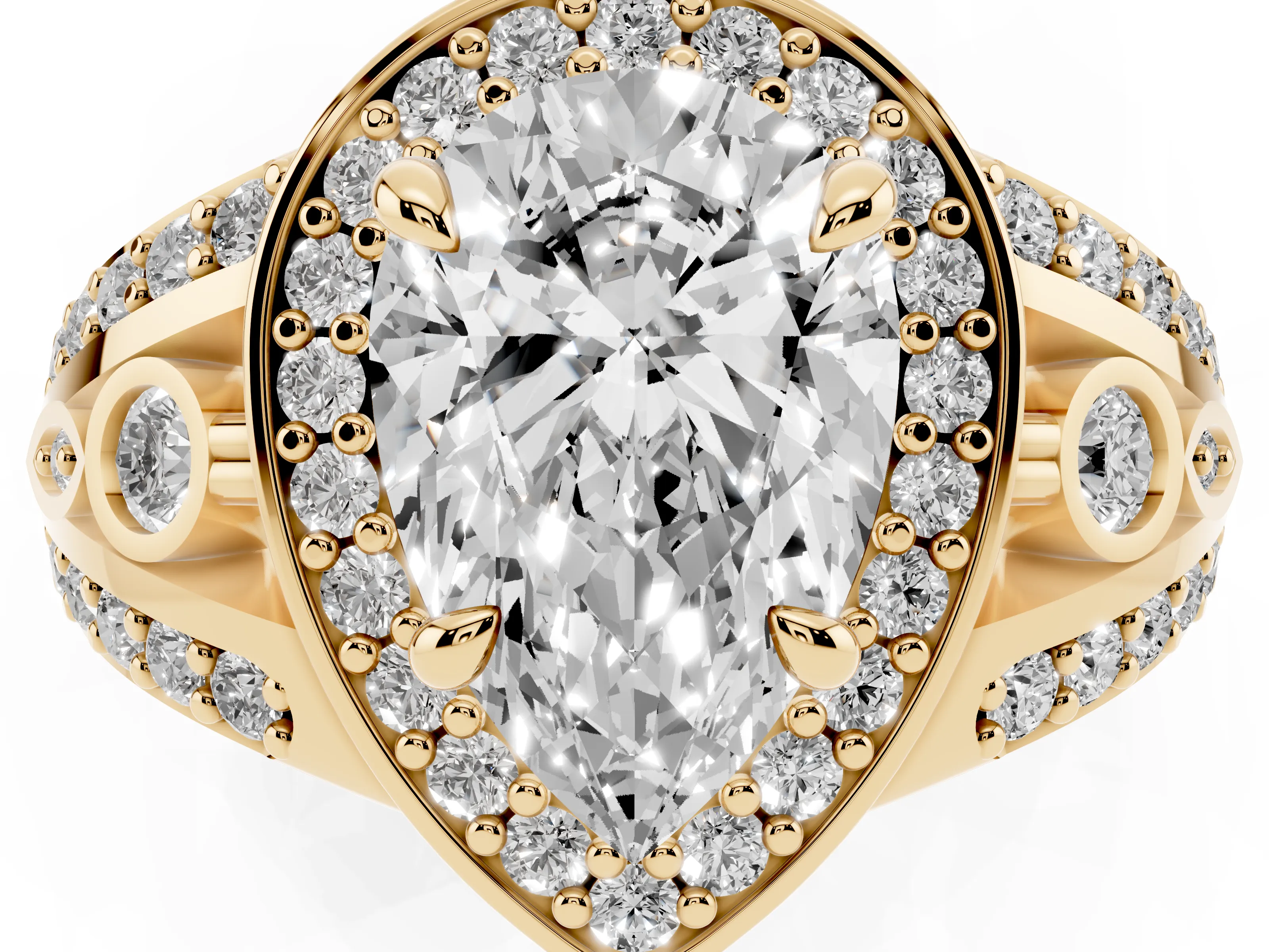 Pear Cut Diamond Halo Ring Set in Yellow gold with Pavé Split Shank and Bezel Accents