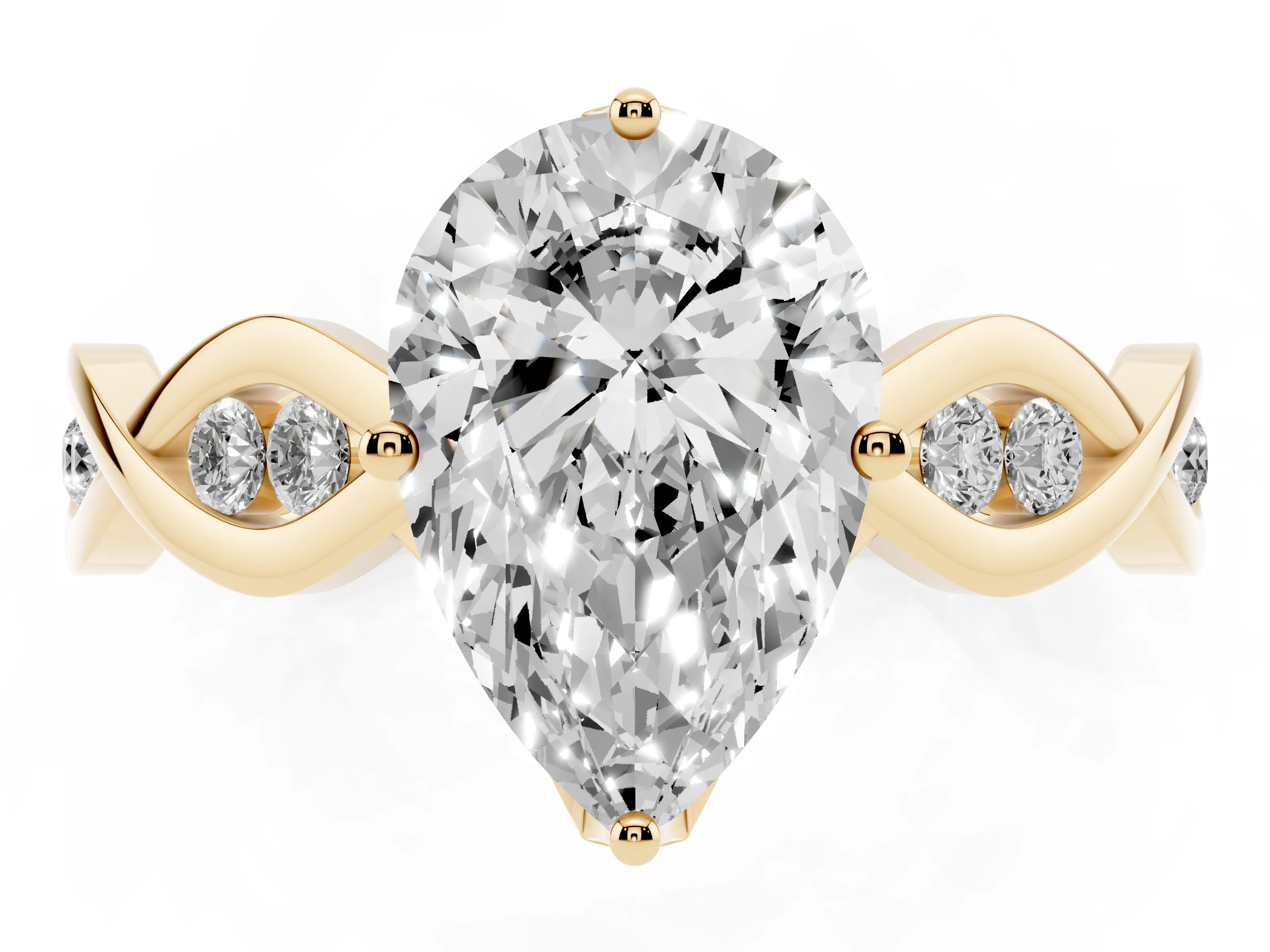 Pear Cut Diamond Twist Band Solitaire Ring Set in Yellow gold with Leaf Prong Setting and Accent Stones
