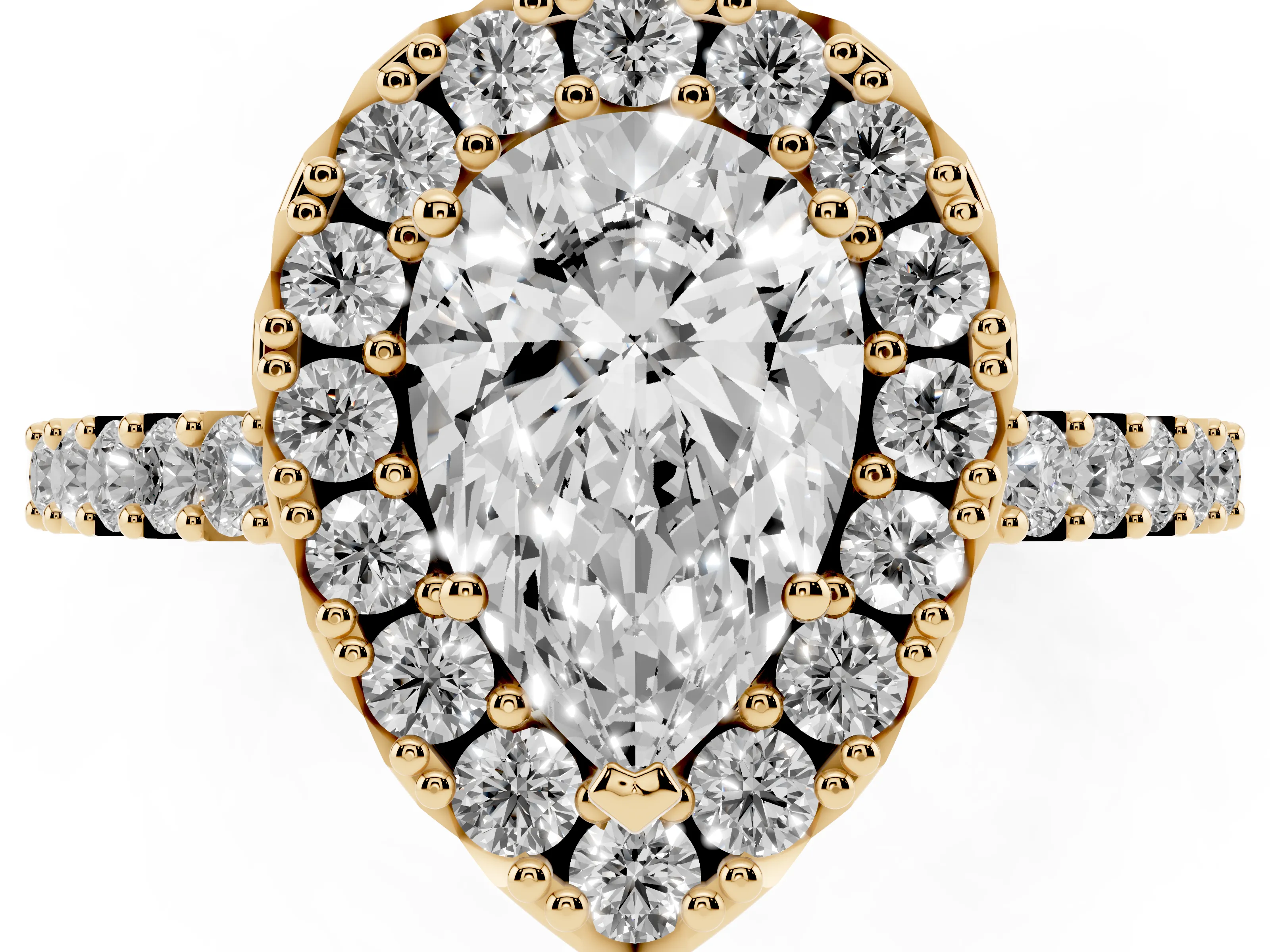 Pear Cut Diamond Halo Pavé Solitaire Ring Set in Yellow gold with Prong-Set Center Stone
