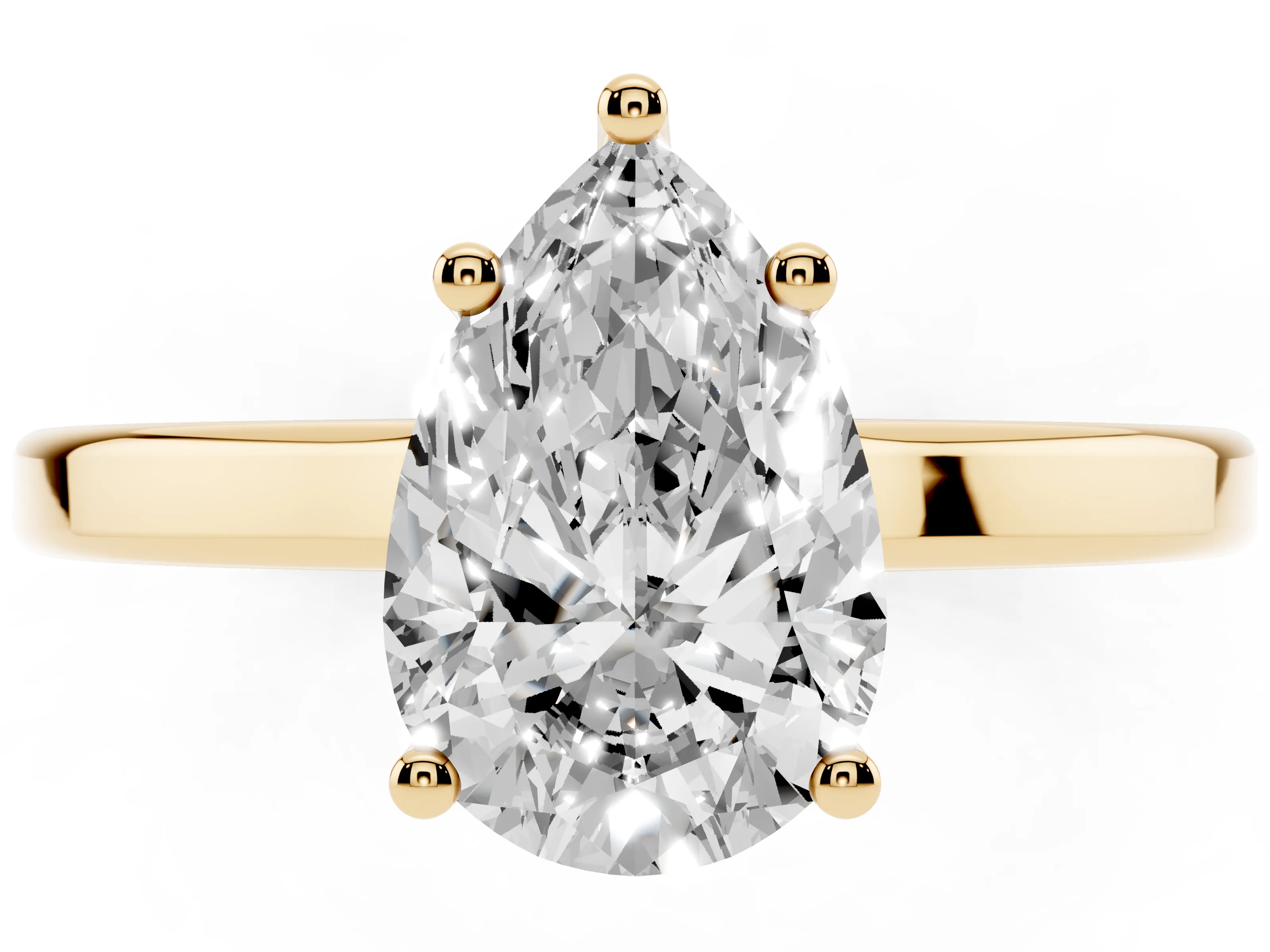 Pear Cut Diamond Solitaire Engagement Ring Set in Yellow gold with Prong Setting on a Plain Band