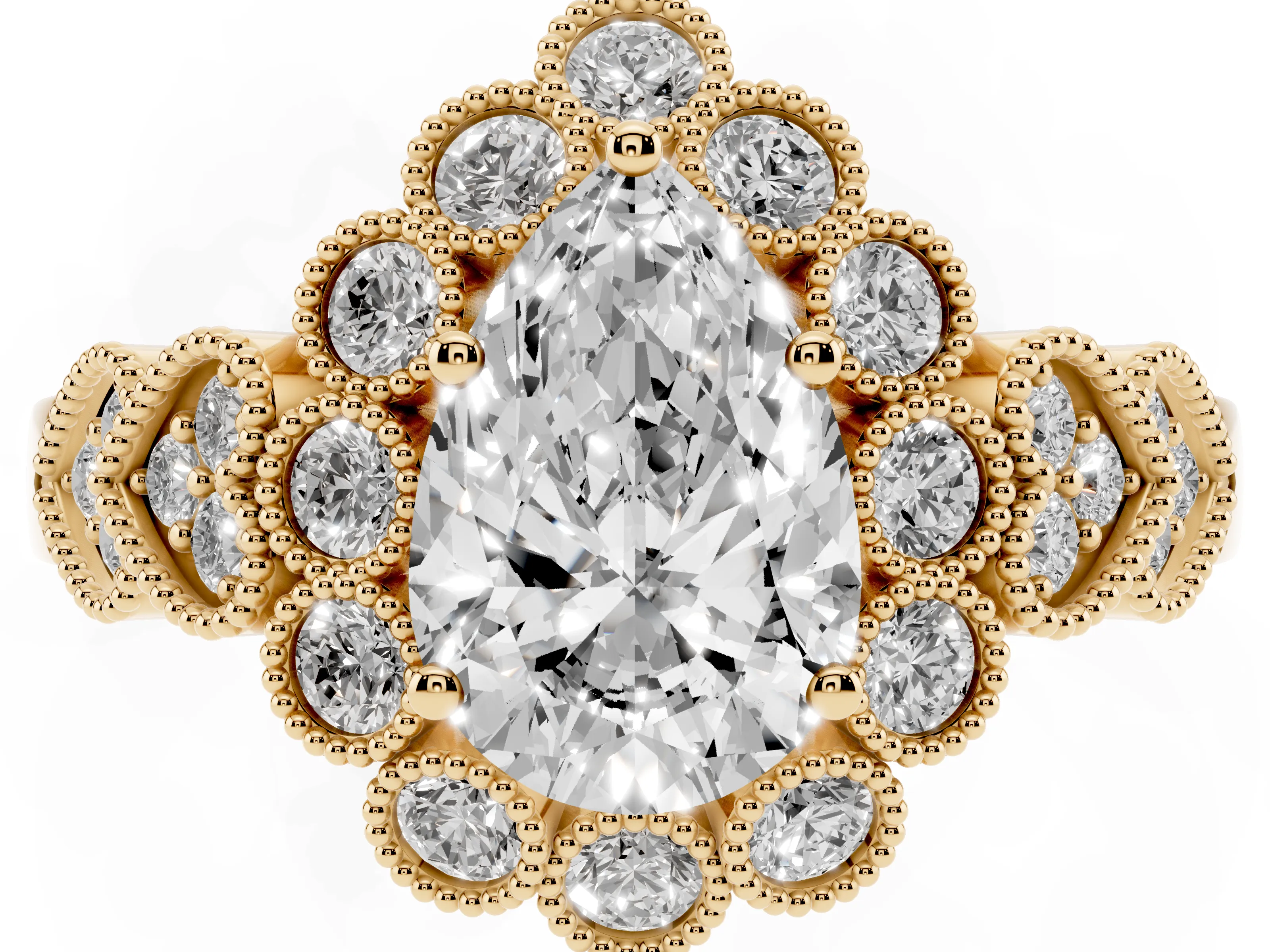 Pear Cut Diamond Solitaire Ring Set in Yellow gold with Milgrain Pavé Heart Band