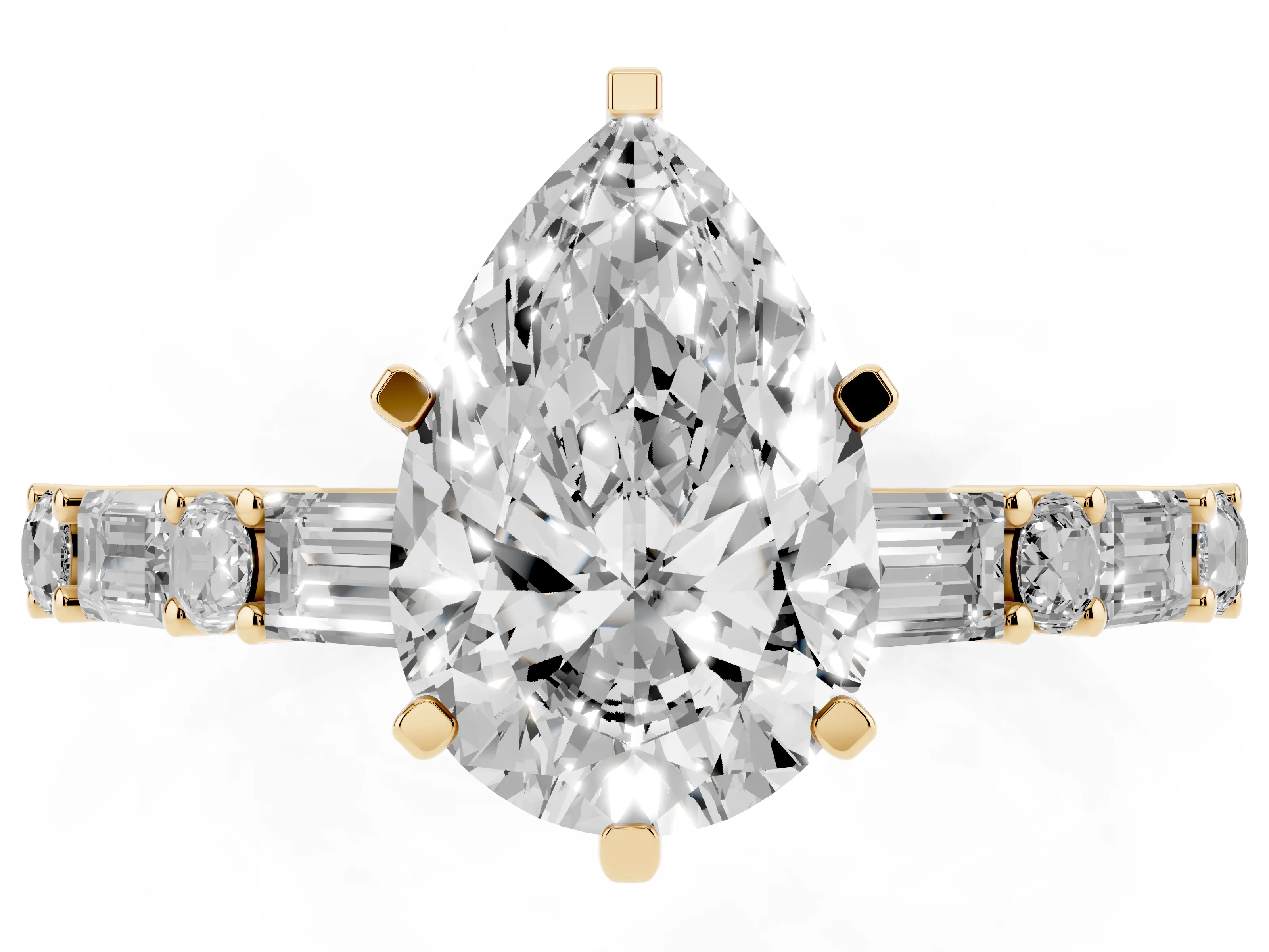 Pear Cut Diamond Solitaire Set in Yellow gold with Side Baguettes and Channel Set Band