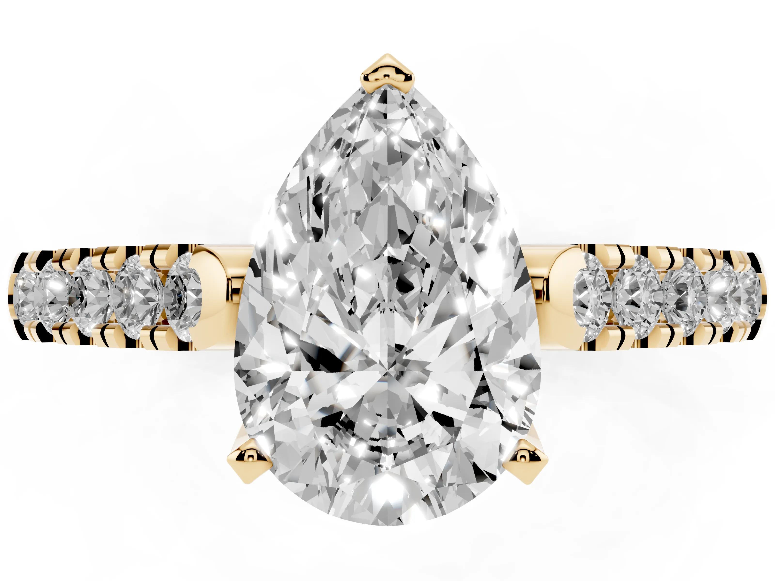 Pear Cut Diamond Pavé Band Solitaire Ring Set in Yellow gold with Partway Accent Stones and Prong Setting