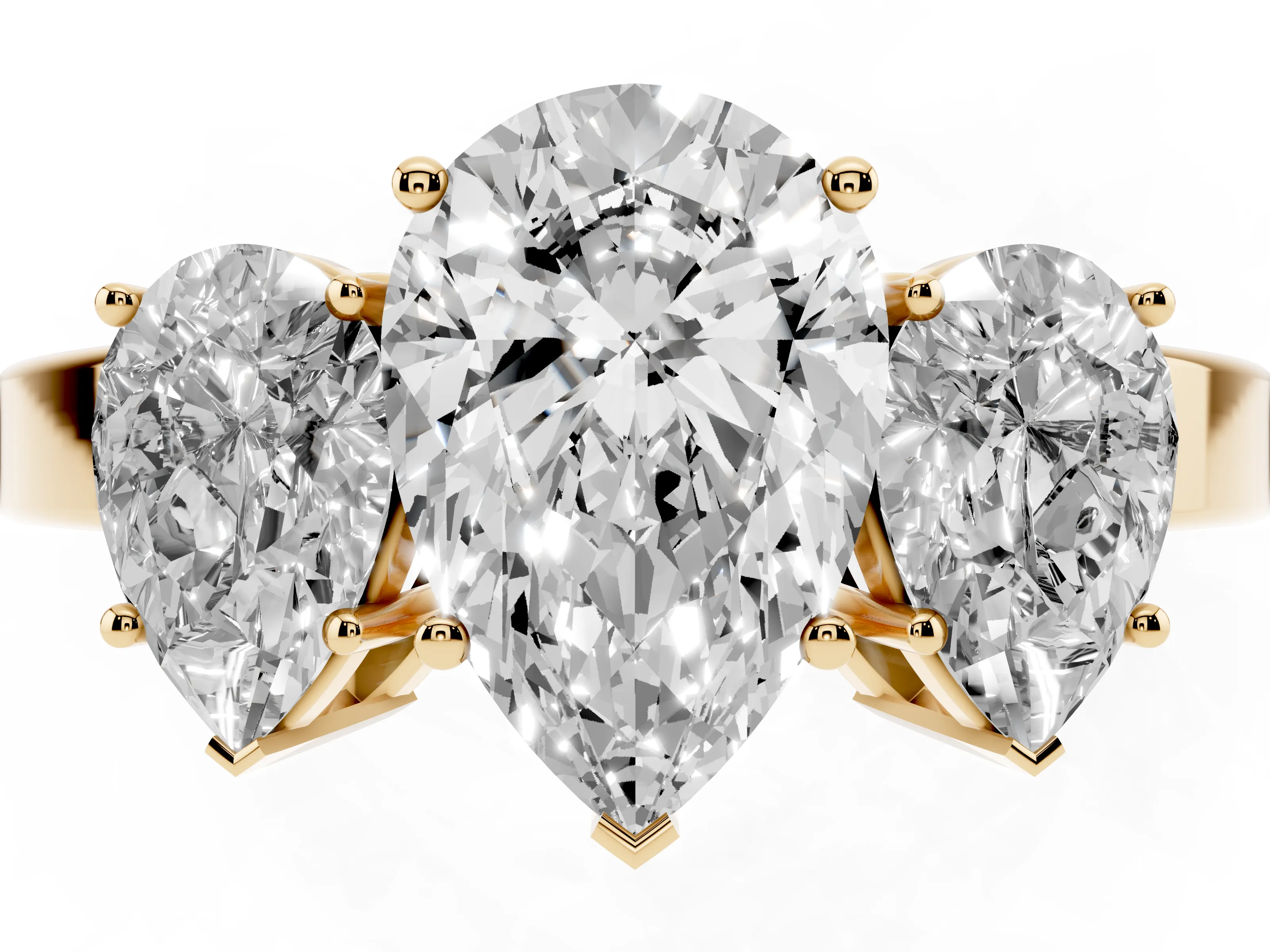 Pear Cut Diamond Three-Stone Engagement Ring Set in Yellow gold with Flat Band