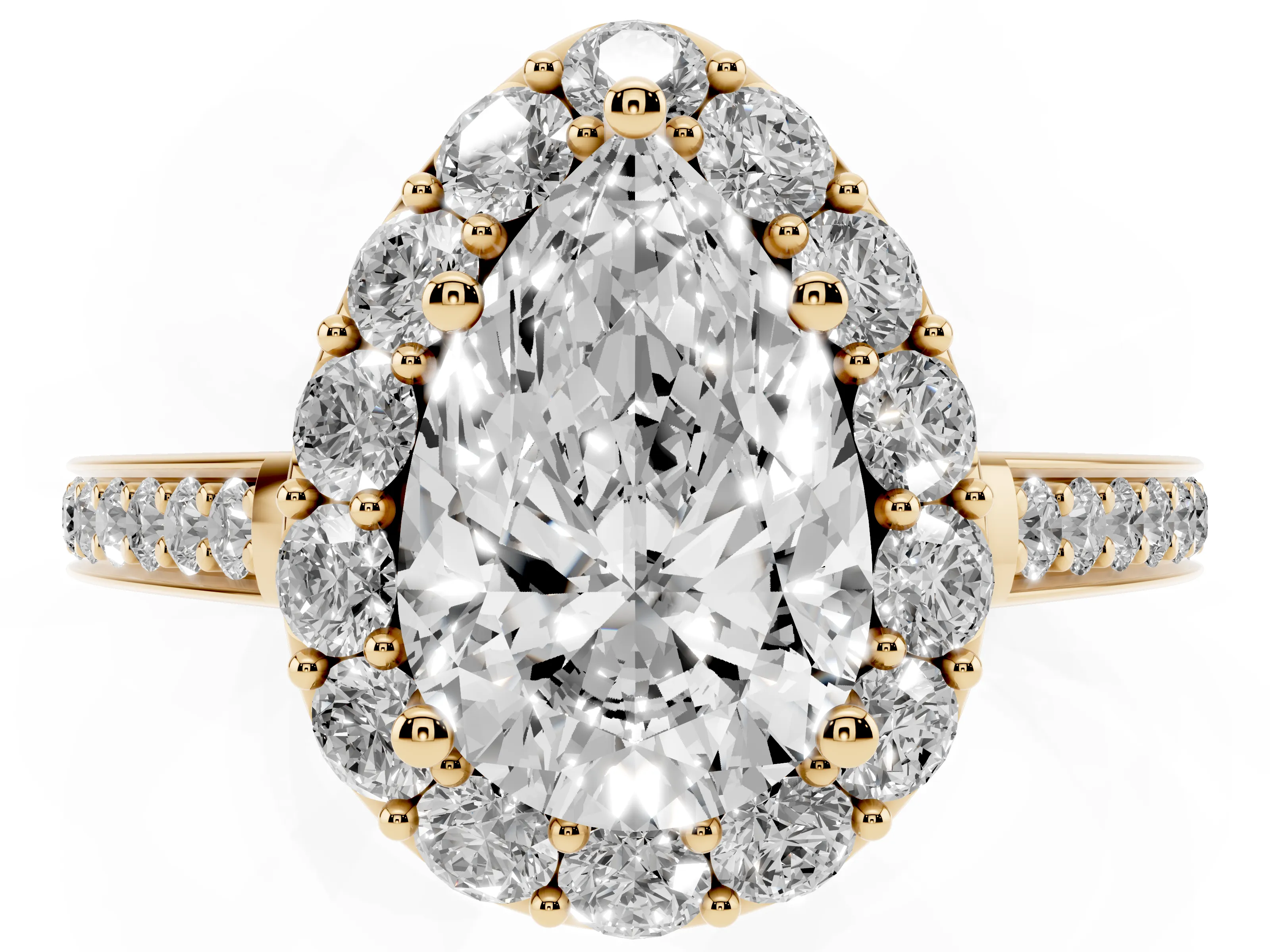 Pear Cut Diamond Floral Halo Ring Set in Yellow gold with Pavé Band and Prong Setting