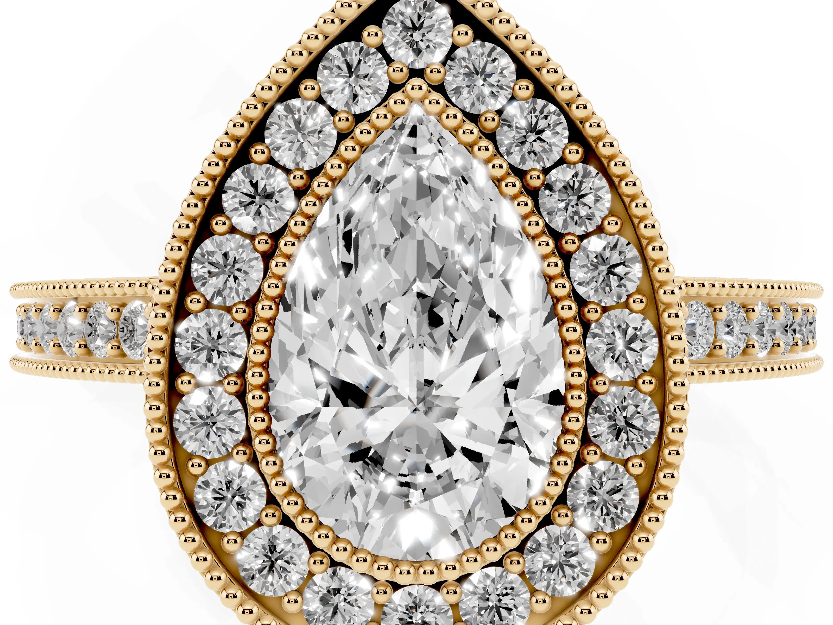 Pear Cut Diamond Round Halo Ring Set in Yellow gold with Pavé Band