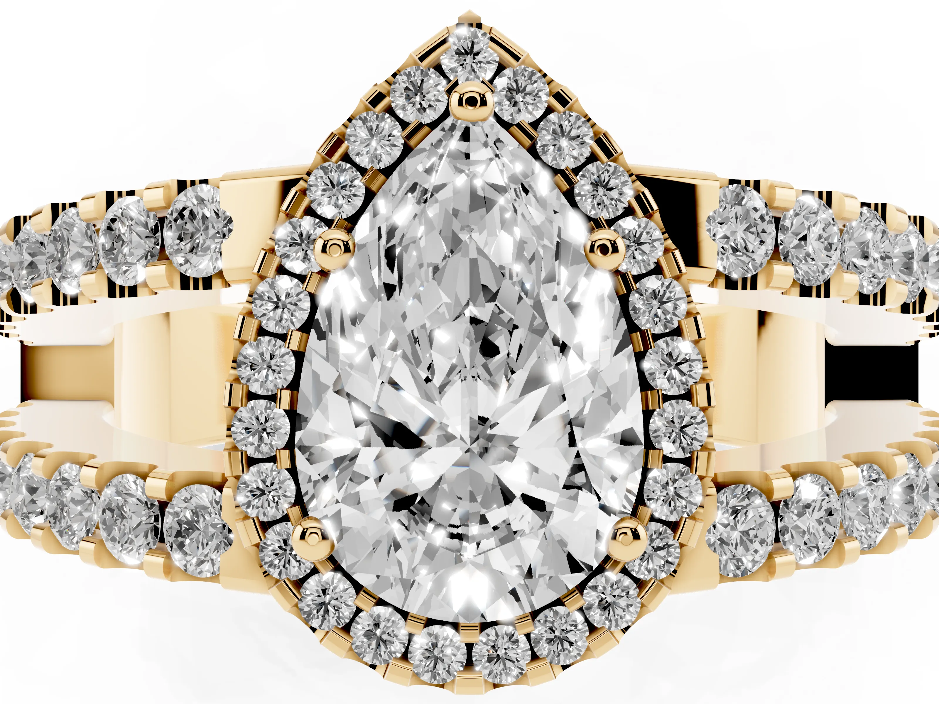 Pear Cut Diamond Halo Ring Set in Yellow gold with Pavé Split Shank and Prong Setting
