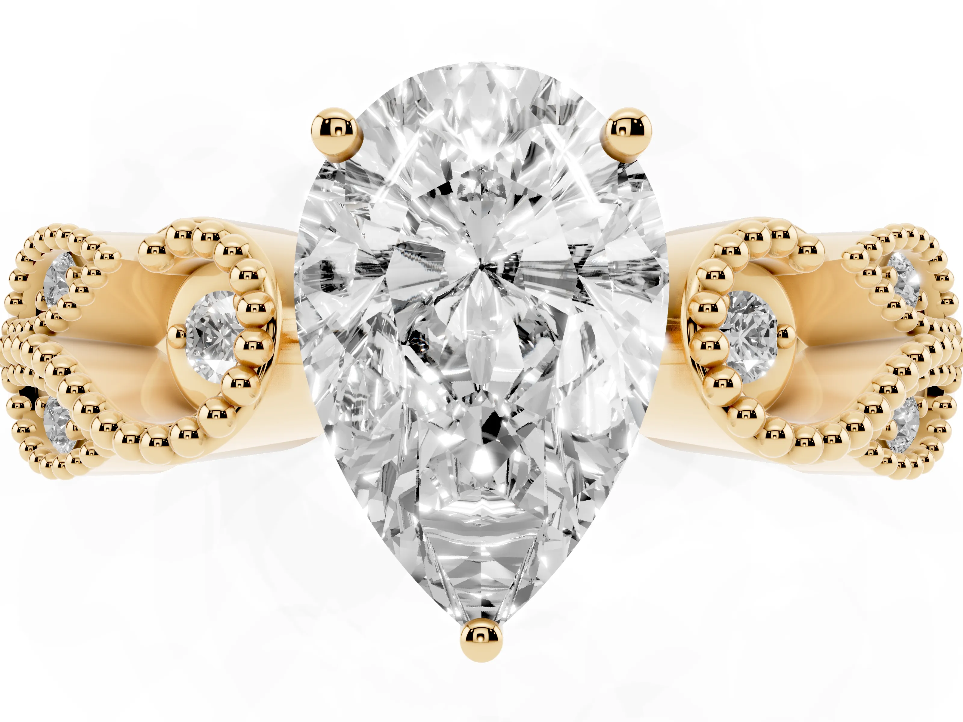 Pear Cut Diamond Milgrain Leaf Band Solitaire Ring Set in Yellow gold with Accent Stones and Prong Setting