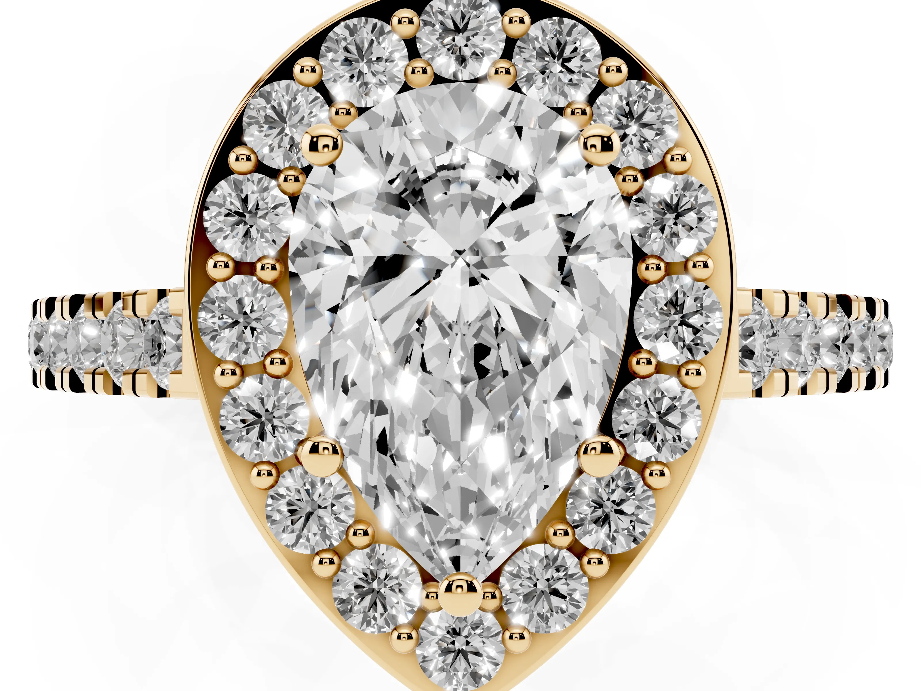 Pear Cut Diamond Halo Ring Set in Yellow gold with Round Pavé Split Shank and Prong Setting