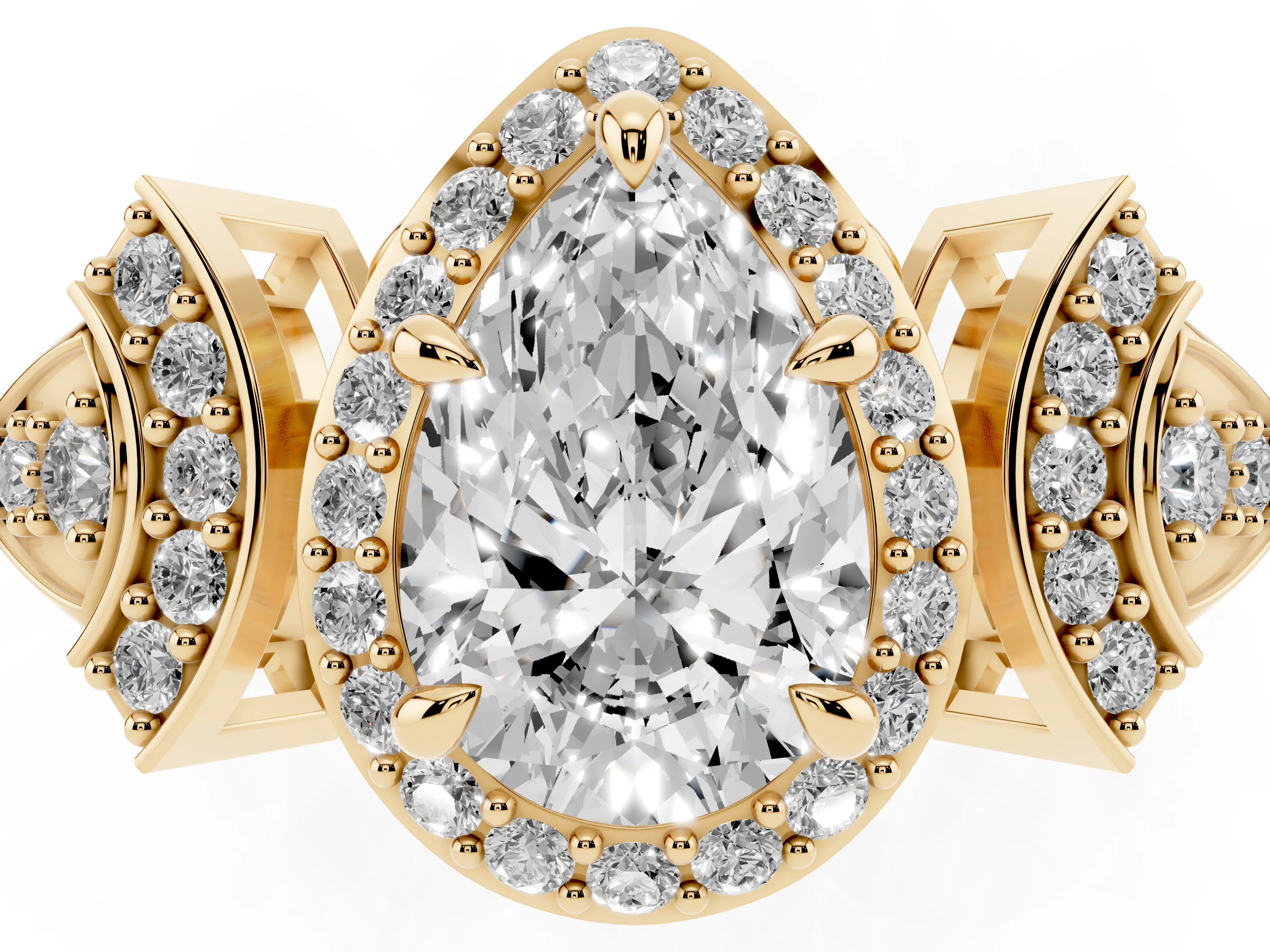 Pear Cut Diamond Halo Engagement Ring Set in Yellow gold with Accent Stone Split Shank