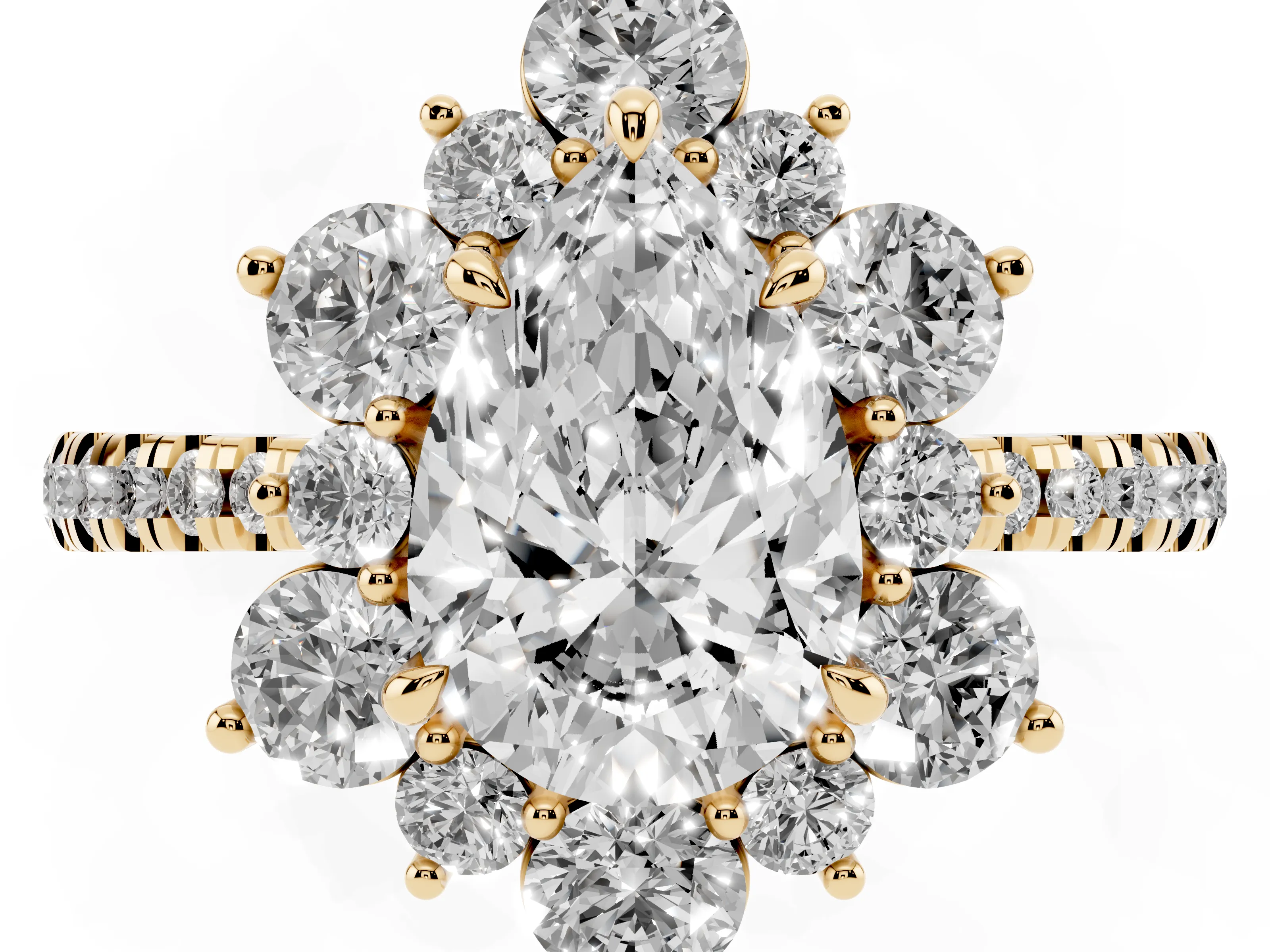 Pear Cut Diamond Floral Halo Ring Set in Yellow gold with Round Pavé Band and Prong Setting