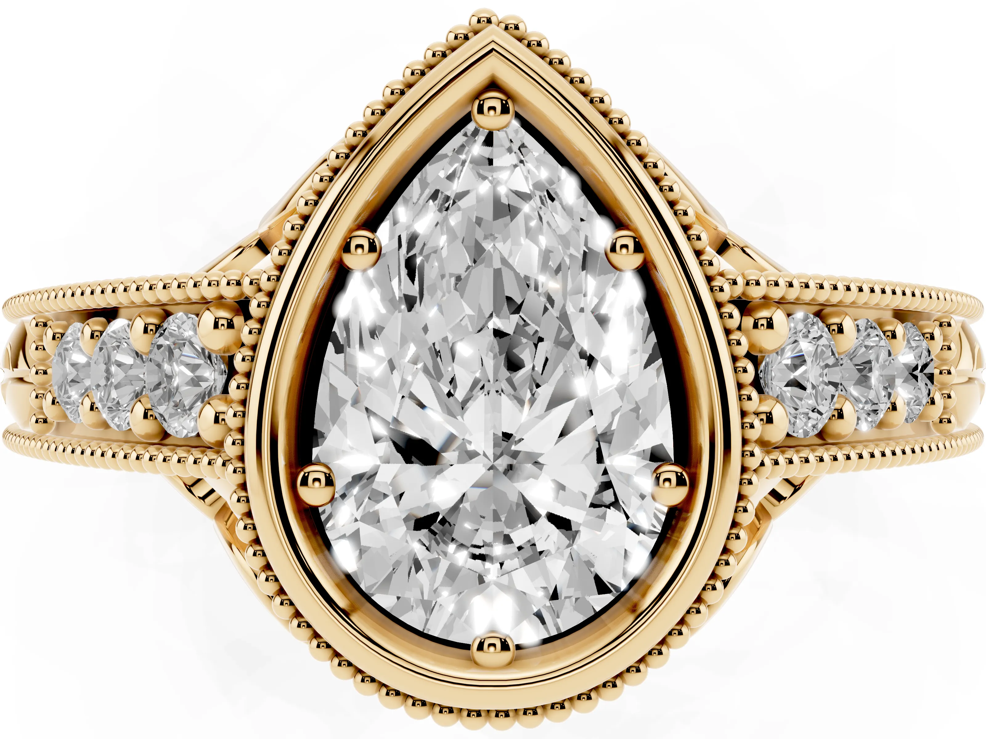 Bezel Set Pear Cut Diamond Milgrain Pavé Engagement Ring Set in Yellow gold