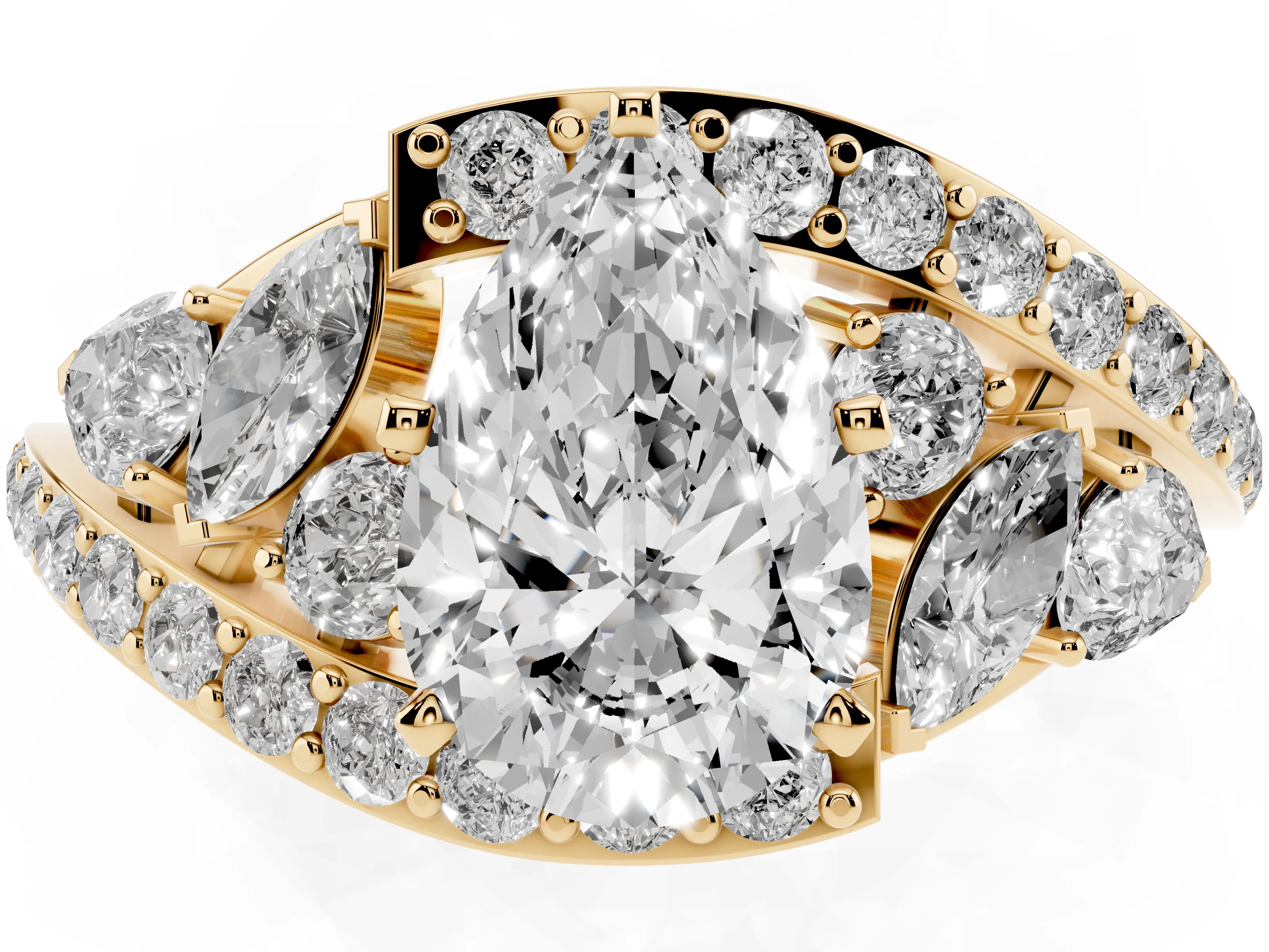 Pear Cut Diamond Halo Ring Set in Yellow gold with Marquise and Pavé Band in Prong Setting