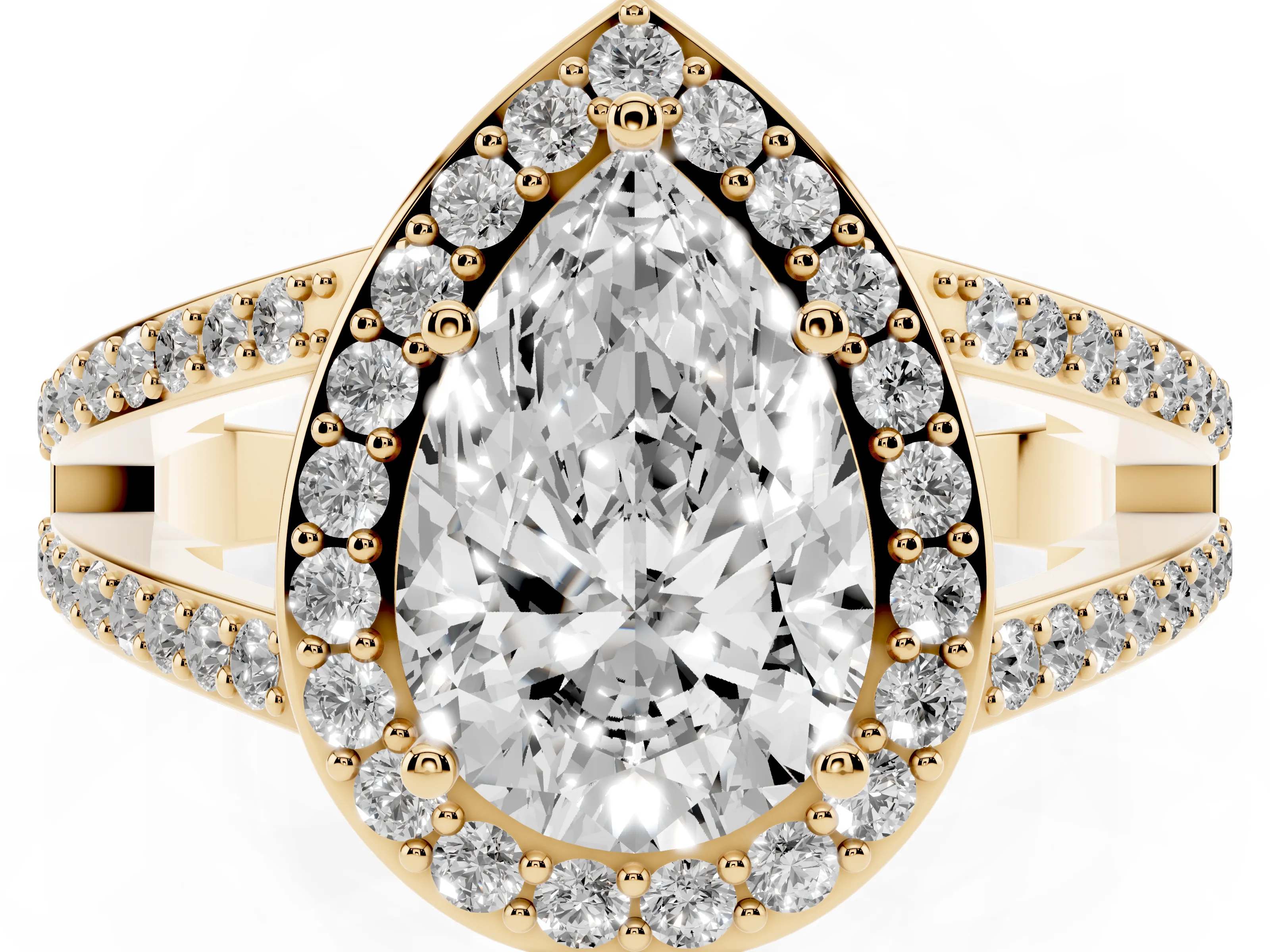 Pear Cut Diamond Halo Ring Set in Yellow gold with U-Prong Split Shank and Prong Setting