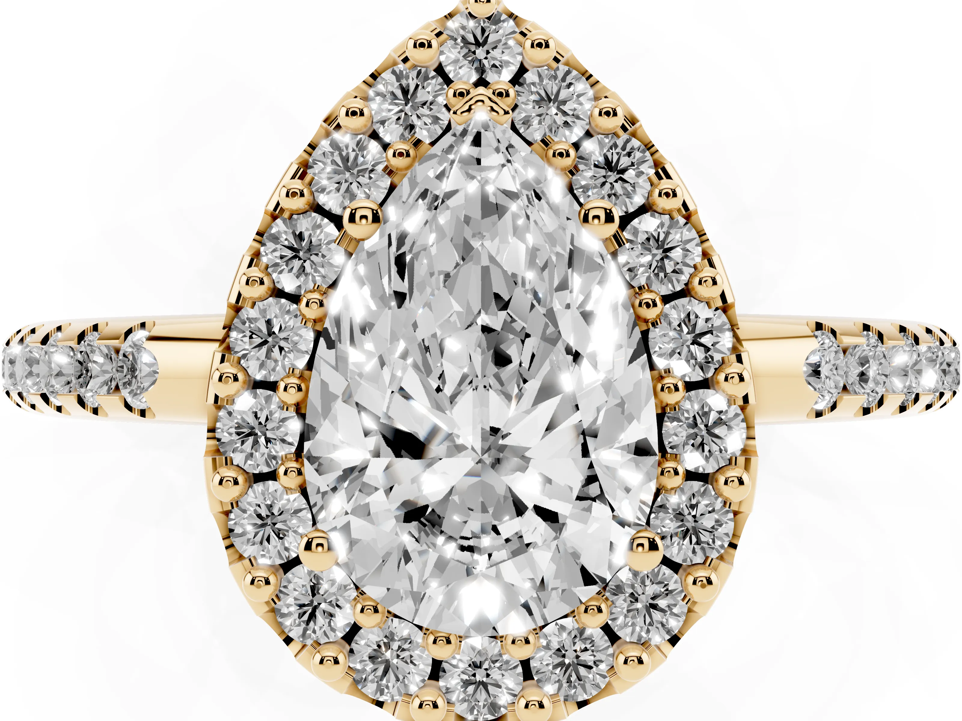Pear Cut Diamond Pavé Halo Ring Set in Yellow gold with Prong Setting