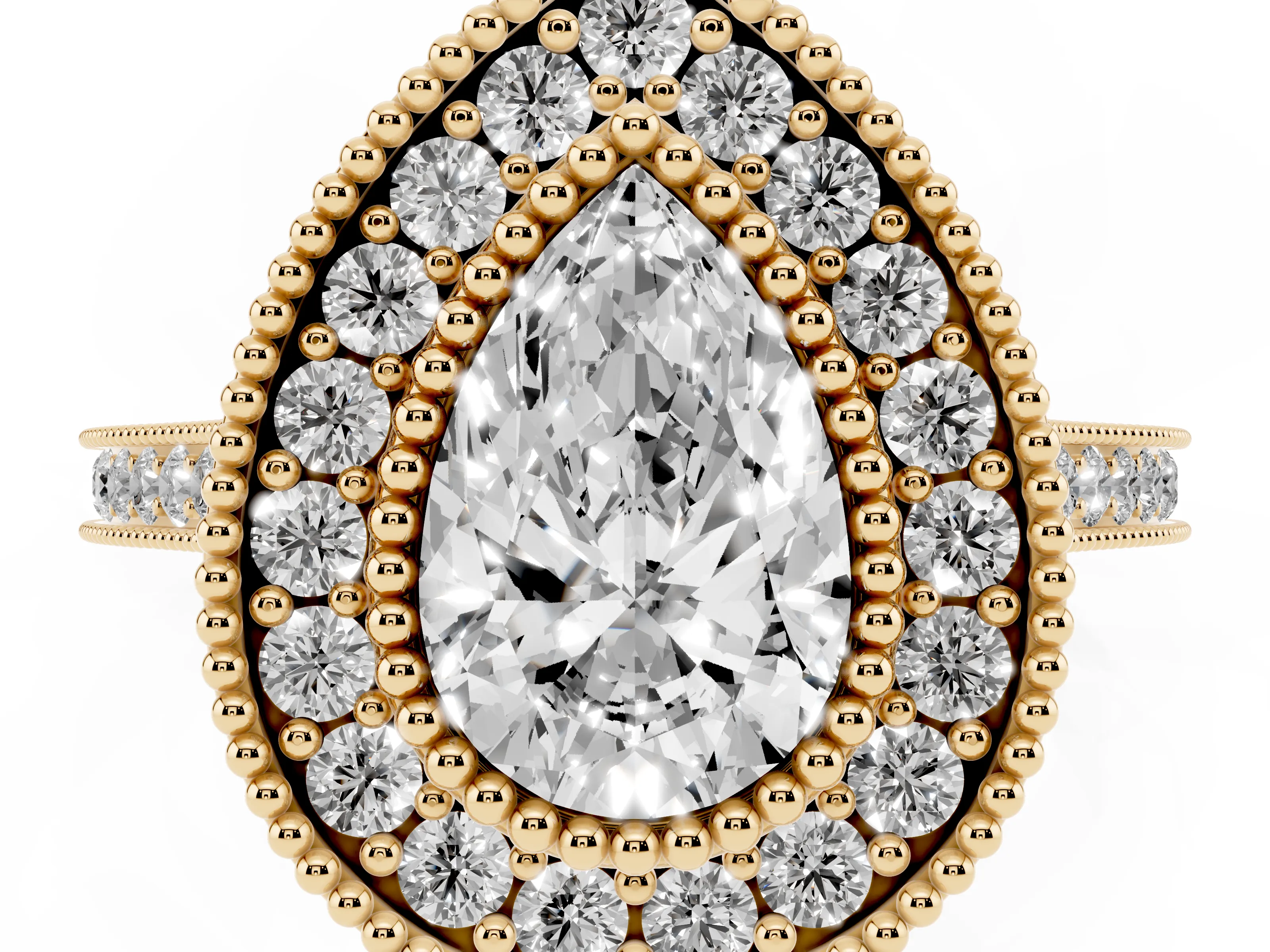 Pear Cut Diamond Halo Ring Set in Yellow gold with Milgrain Frame and Pavé Band