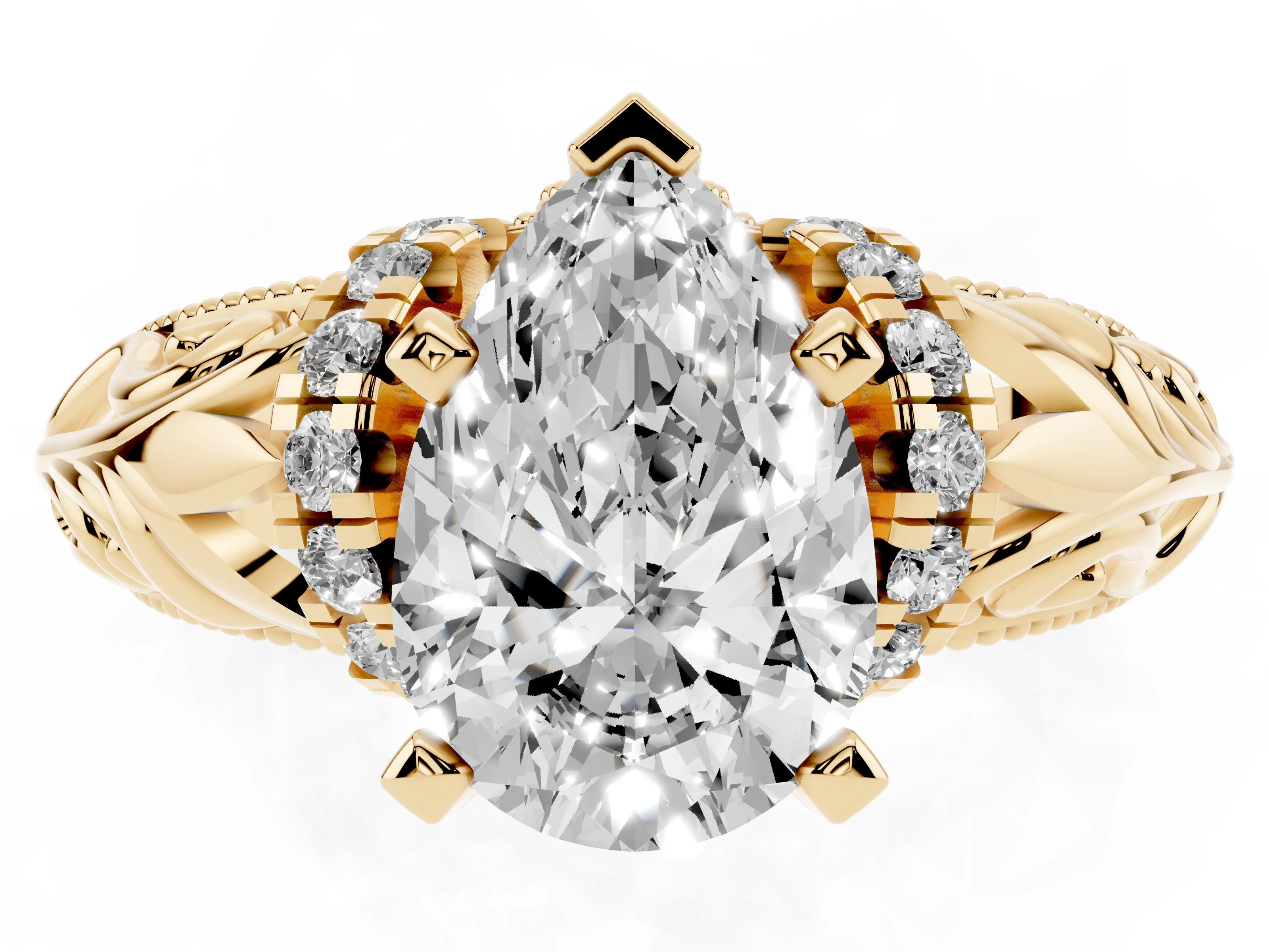 Pear Cut Diamond Filigree Halo Engagement Ring Set in Yellow gold with Prong Setting