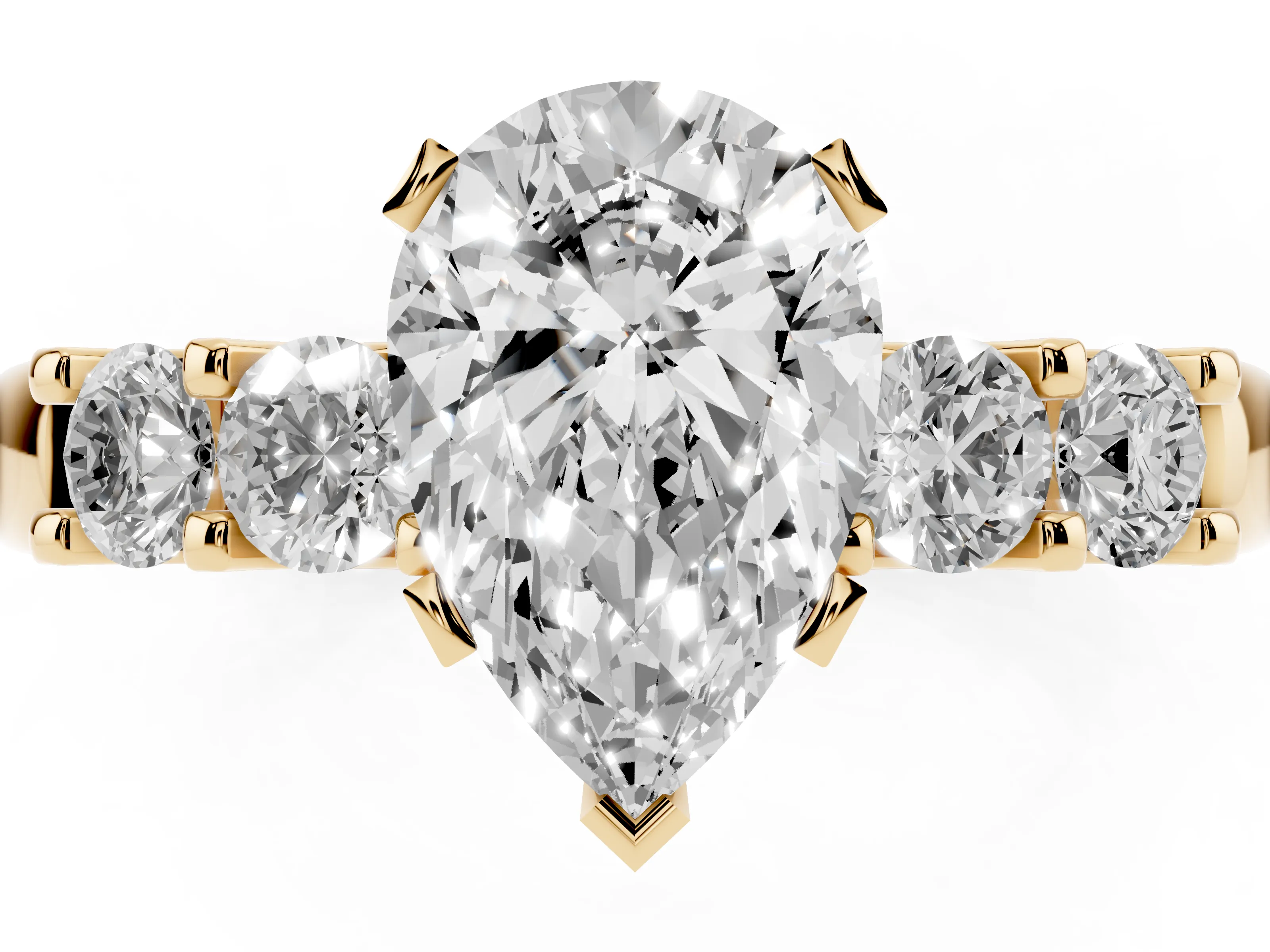 Pear Cut Diamond Five-Stone Prong Set Engagement Ring Set in Yellow gold with Channel Band