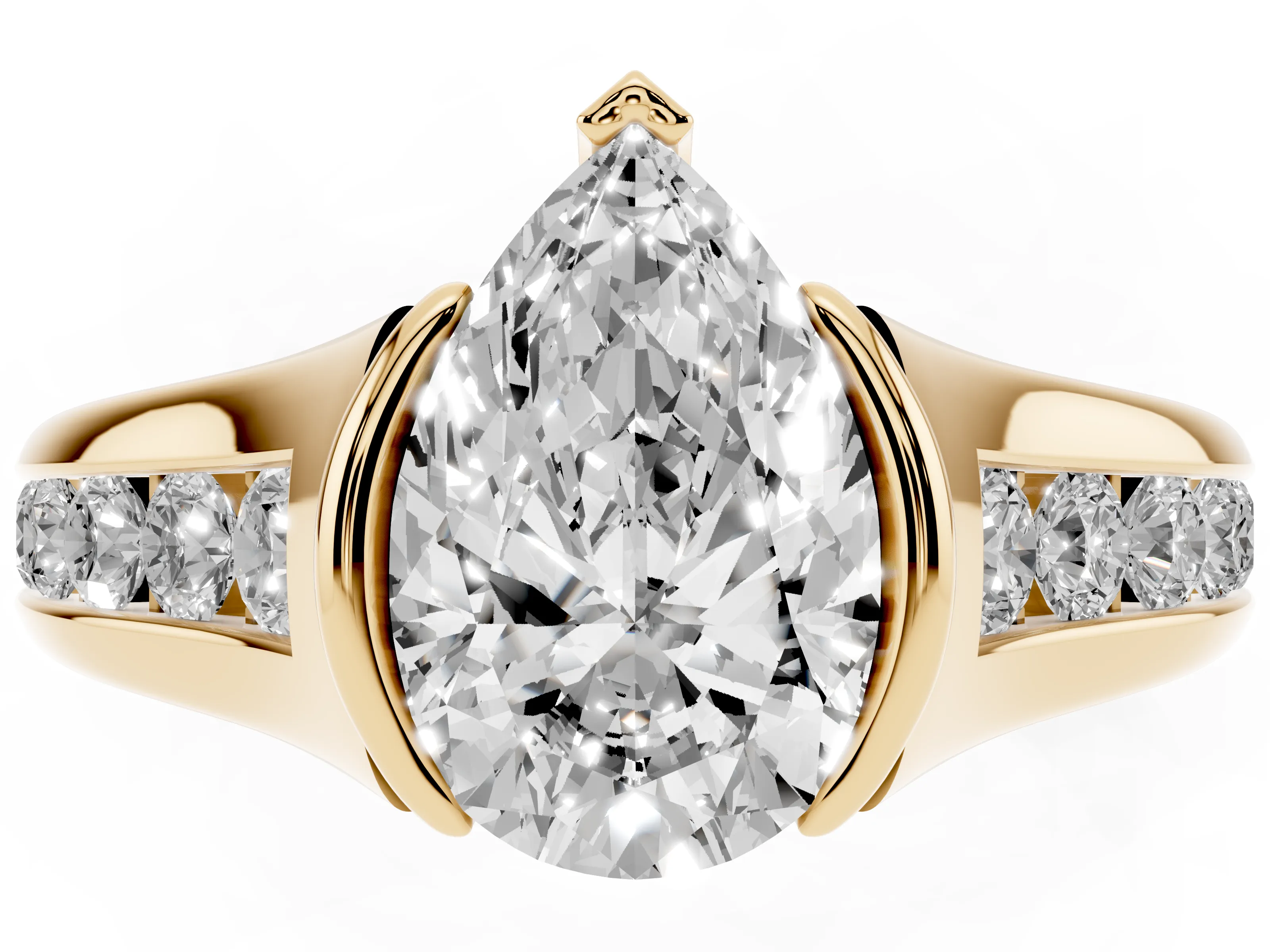 Pear Cut Diamond Bezel-Set Solitaire Ring Set in Yellow gold with Channel-Set Band