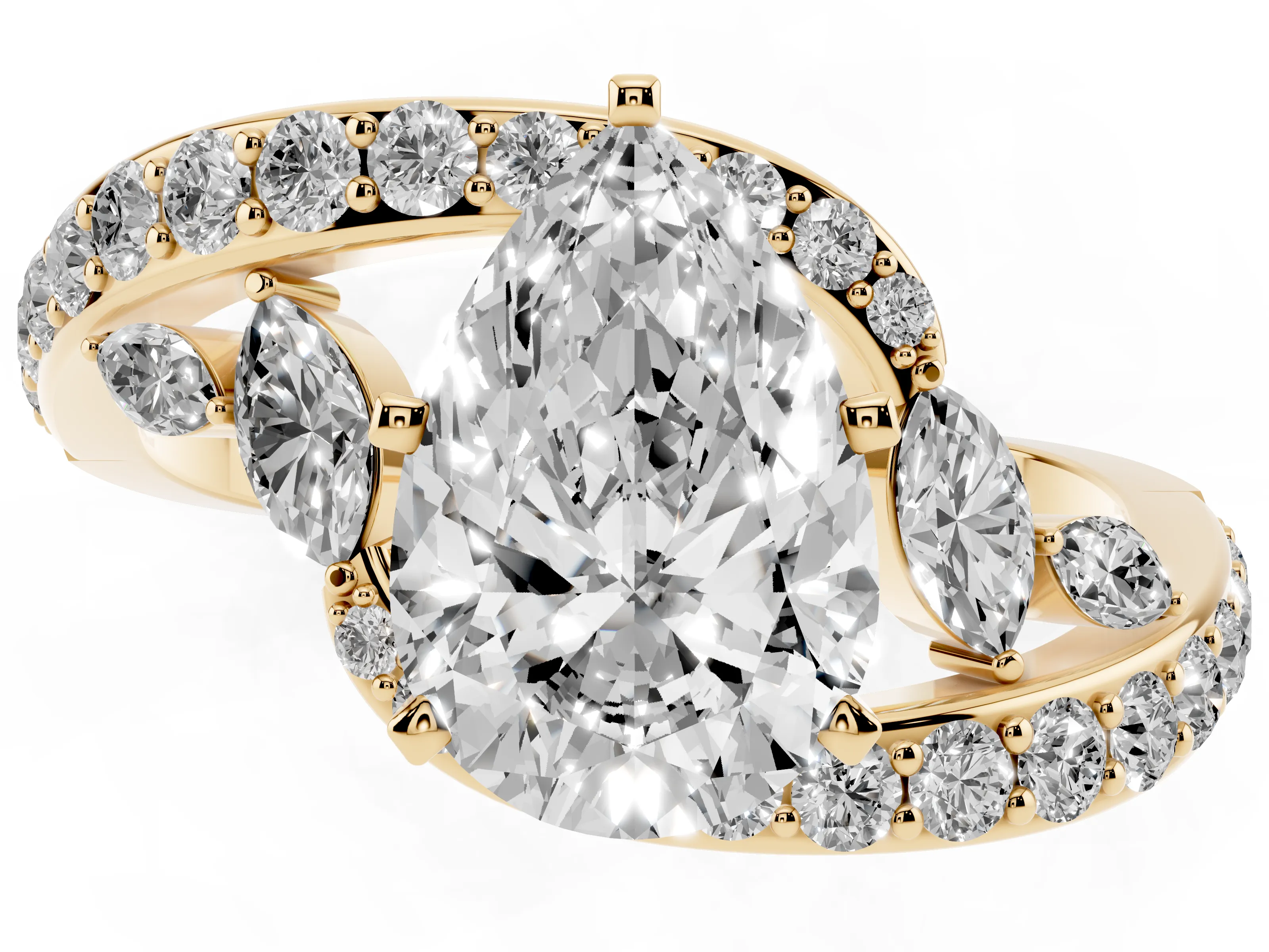 Pear Cut Diamond Solitaire Ring Set in Yellow gold with Pavé Twist Band and Secure Prong Setting
