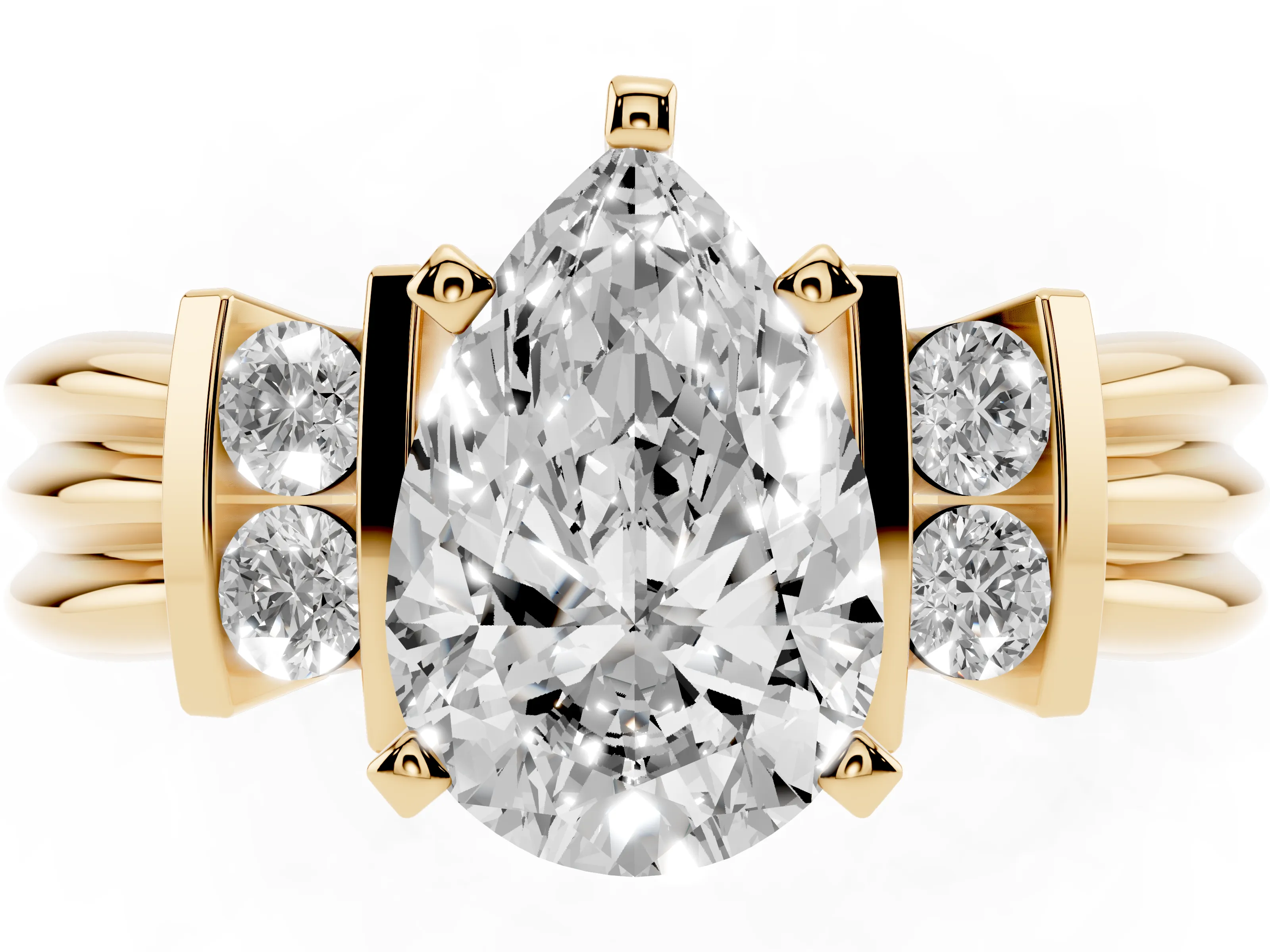 Three-Stone Pear Cut Diamond Channel Set Ring Set in Yellow gold with Bar Prongs