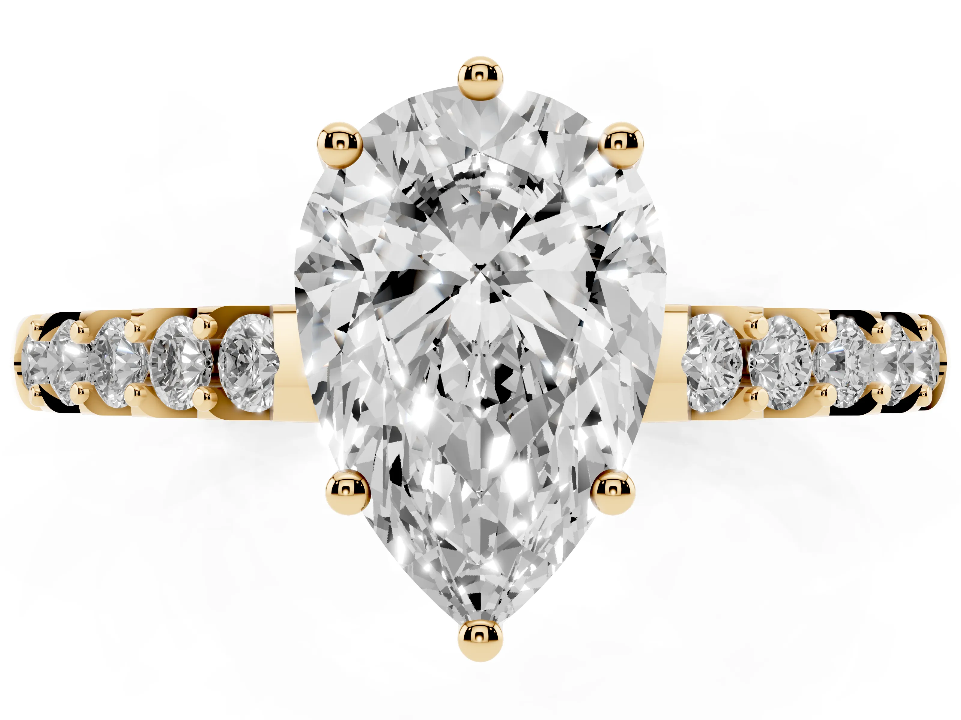 Pear Cut Diamond Solitaire Engagement Ring Set in Yellow gold with Pavé Band and Prong Setting
