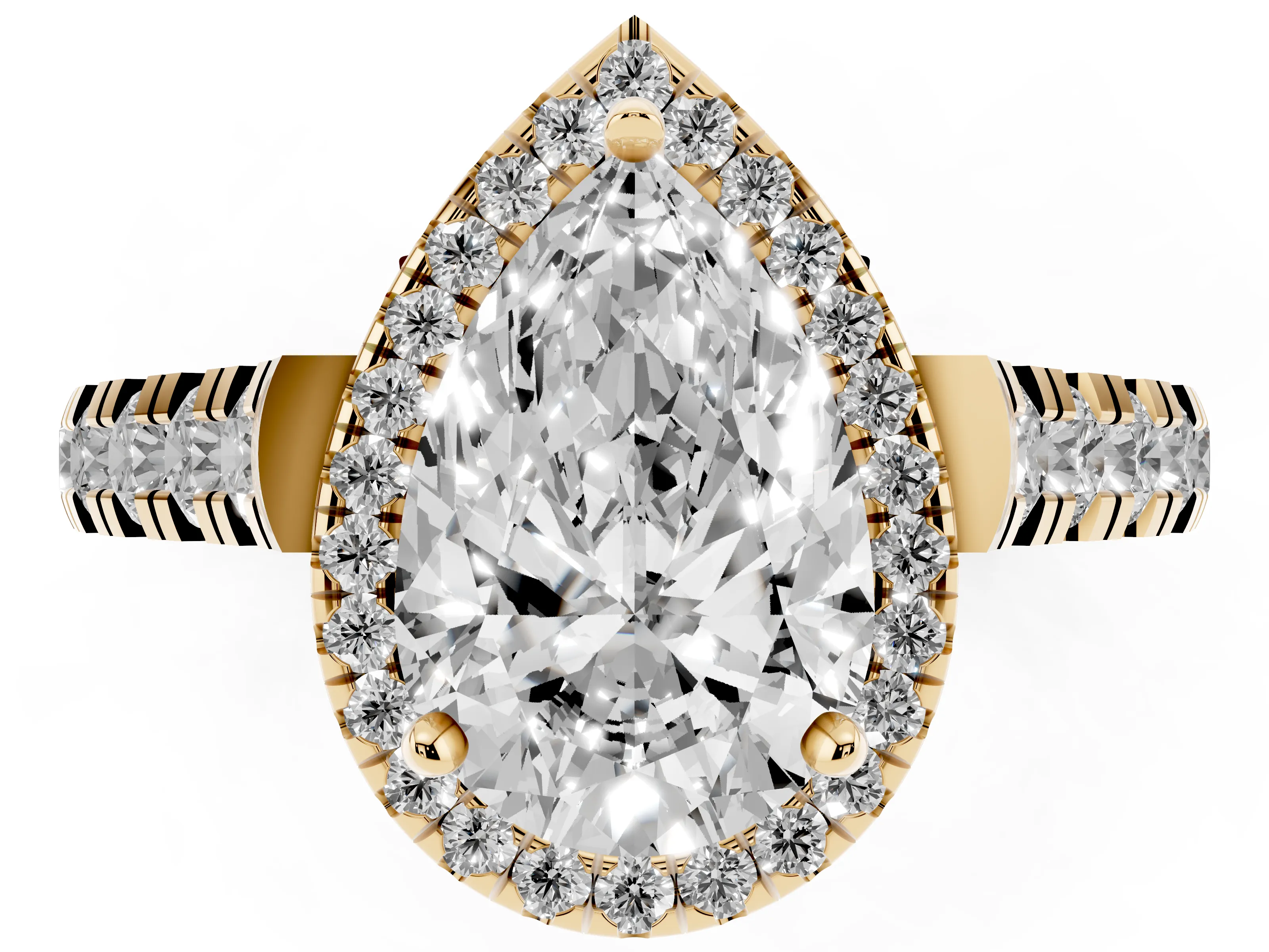 Pear Cut Diamond Halo Engagement Ring Set in Yellow gold with Pavé Band and Prong-Set Center