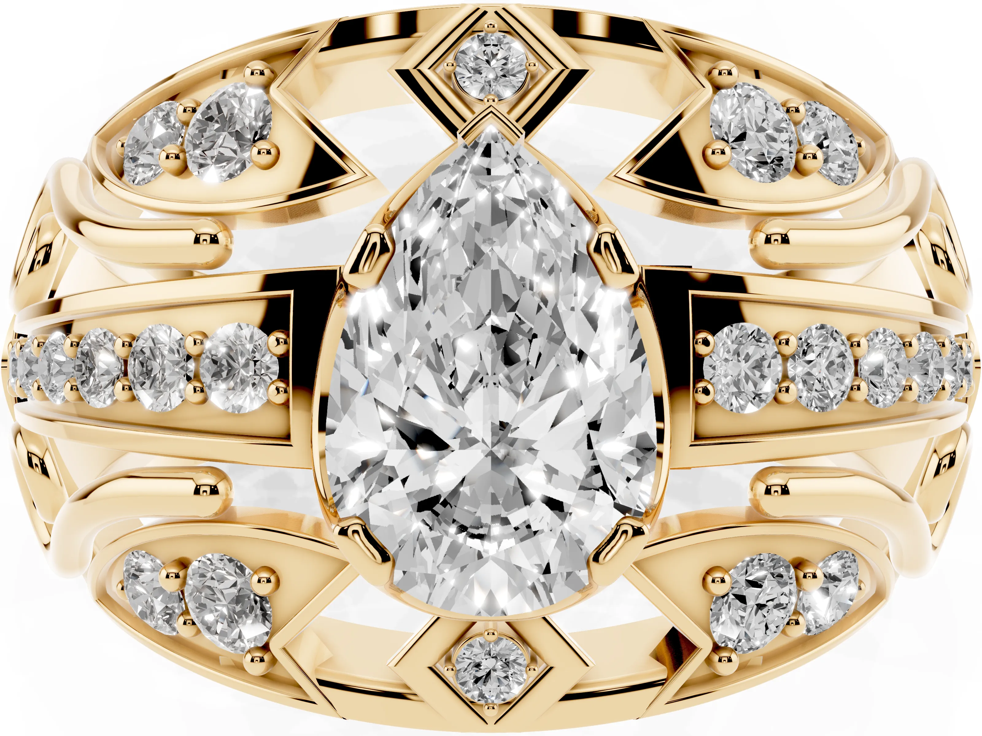 Pear Cut Diamond Art Deco Ring Set in Yellow gold with Pavé Split Shank