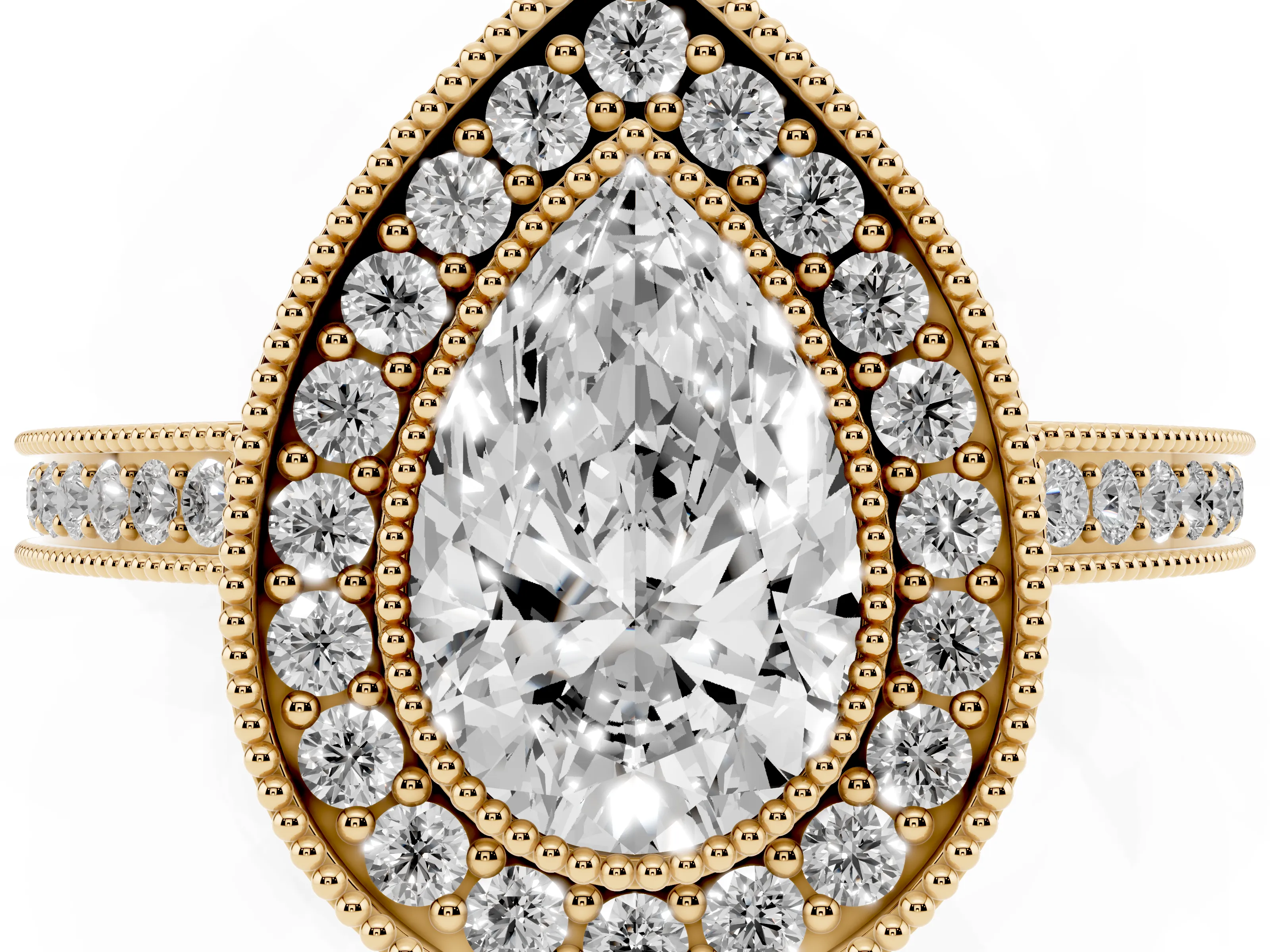 Pear Cut Diamond Halo Ring Set in Yellow gold with Pavé Band and Milgrain-Edged Prongs