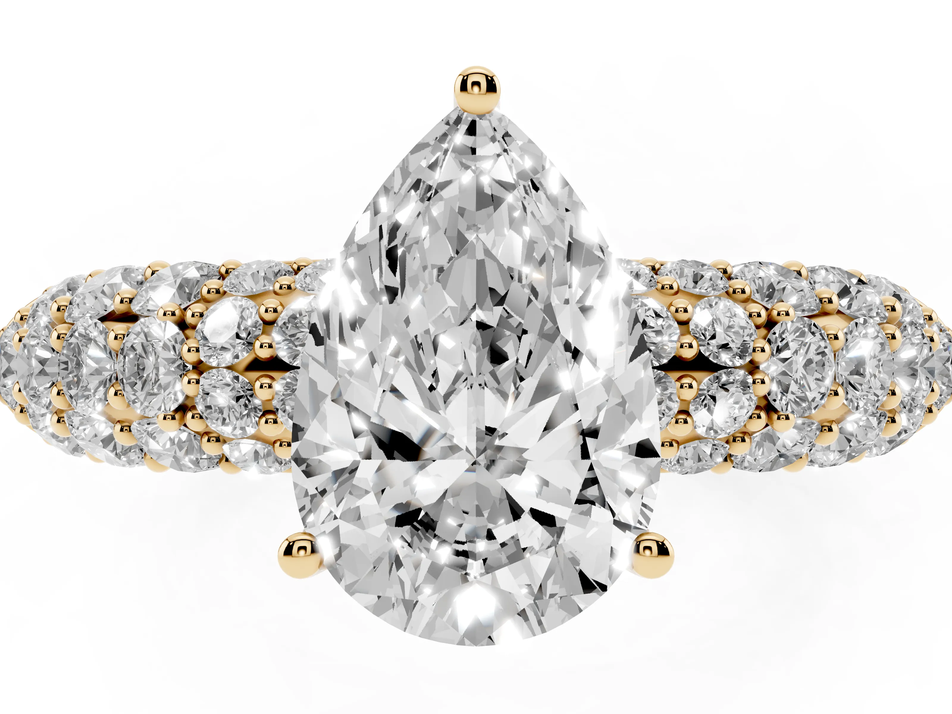 Pear Cut Diamond Pavé Band Solitaire Ring Set in Yellow gold with Close-Set Accent Stones and Prong Setting