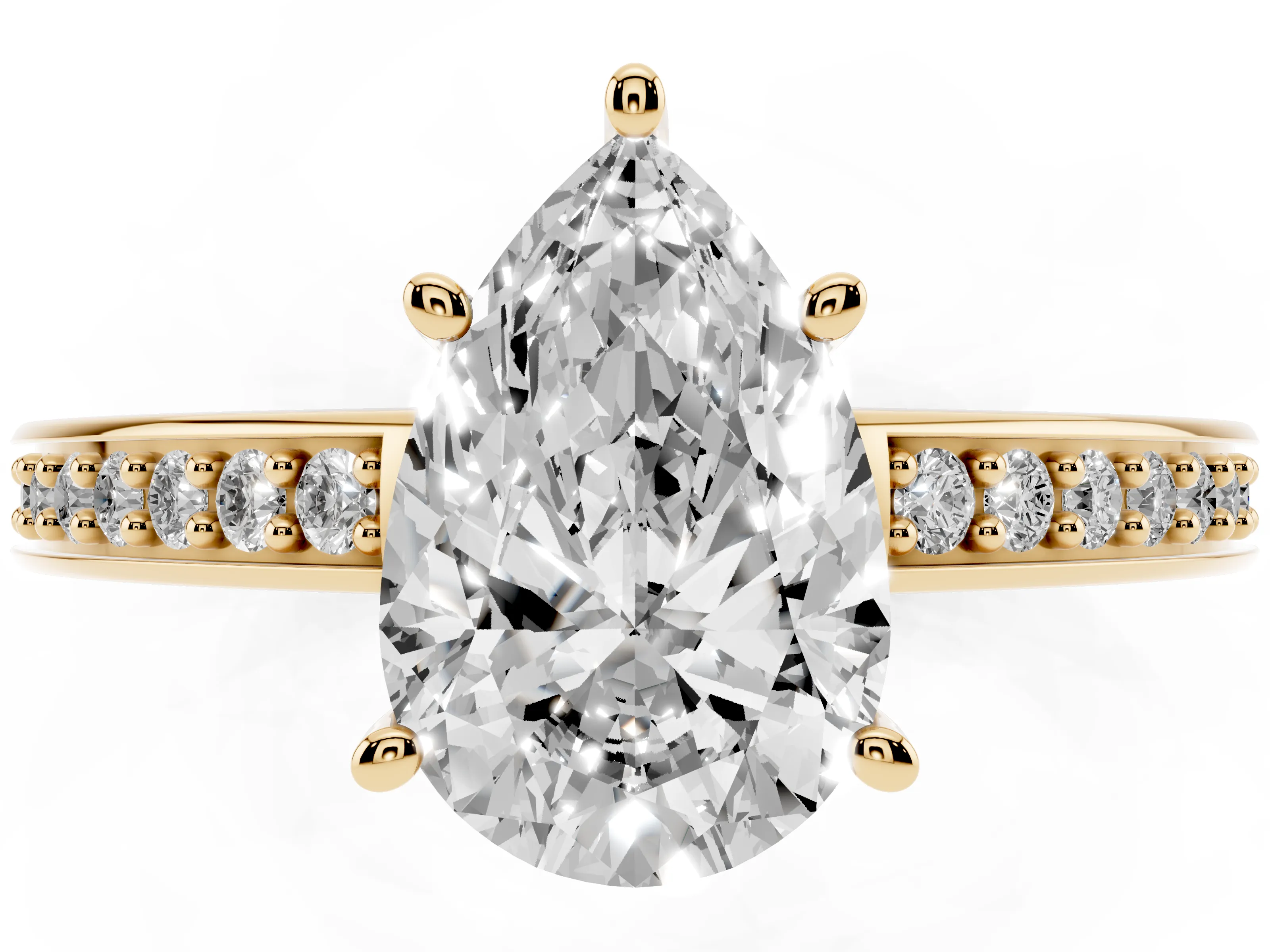 Pear Cut Diamond Pavé Band Prong Set Solitaire Ring Set in Yellow gold
