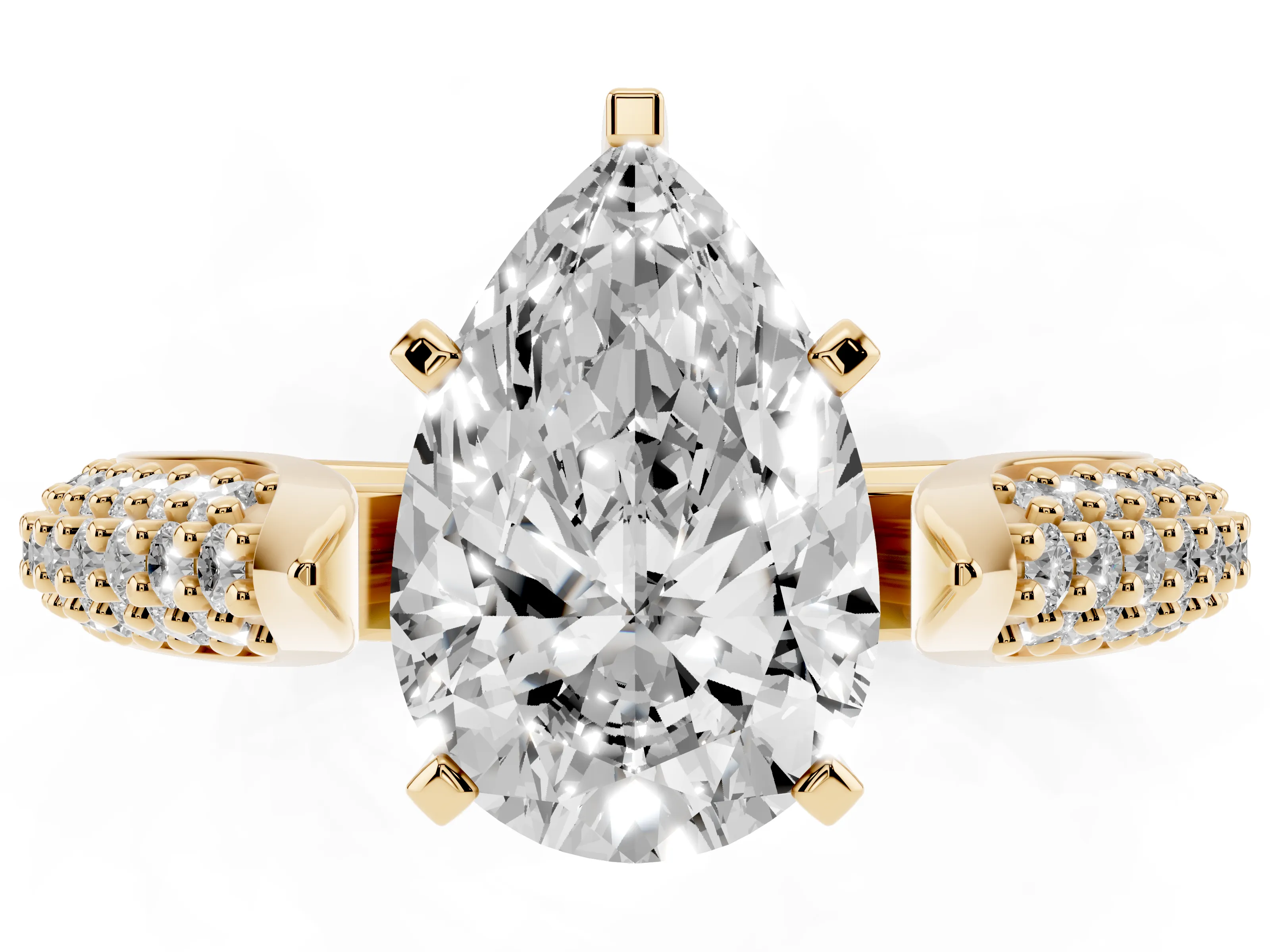 Pear Cut Diamond Solitaire Engagement Ring Set in Yellow gold with Multi-Row Round Pavé Band and Prong Setting