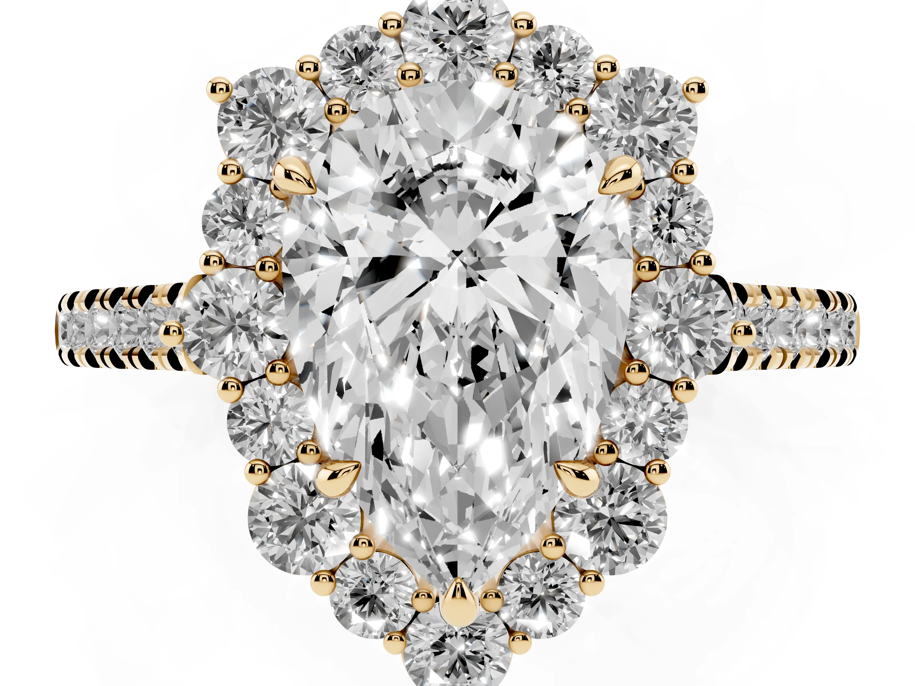 Pear Cut Diamond Halo Ring Set in Yellow gold with Pavé Band and Prong Setting