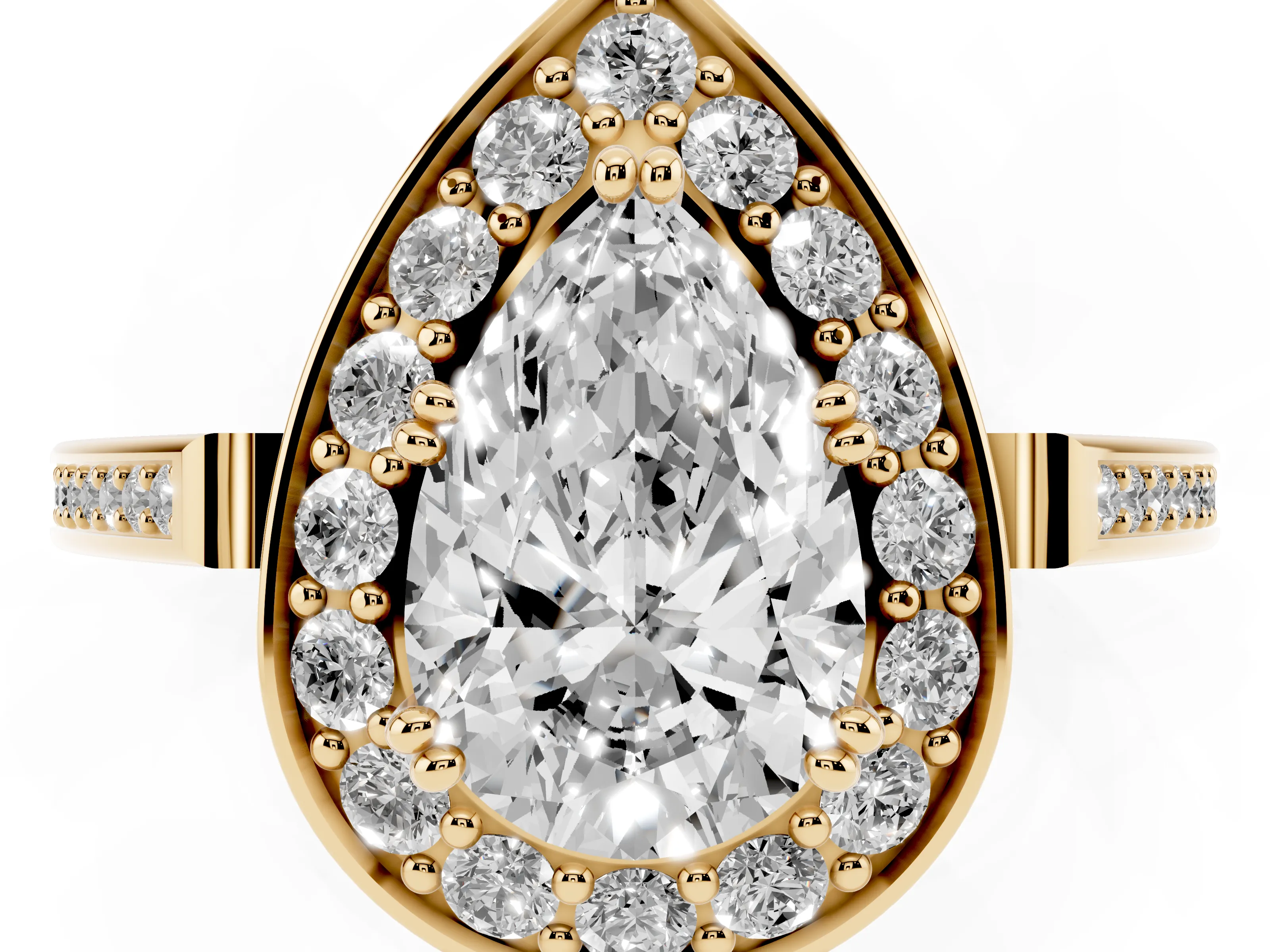 Pear Cut Diamond Halo Ring Set in Yellow gold with Accent-Lined Split Shank and Prong Setting
