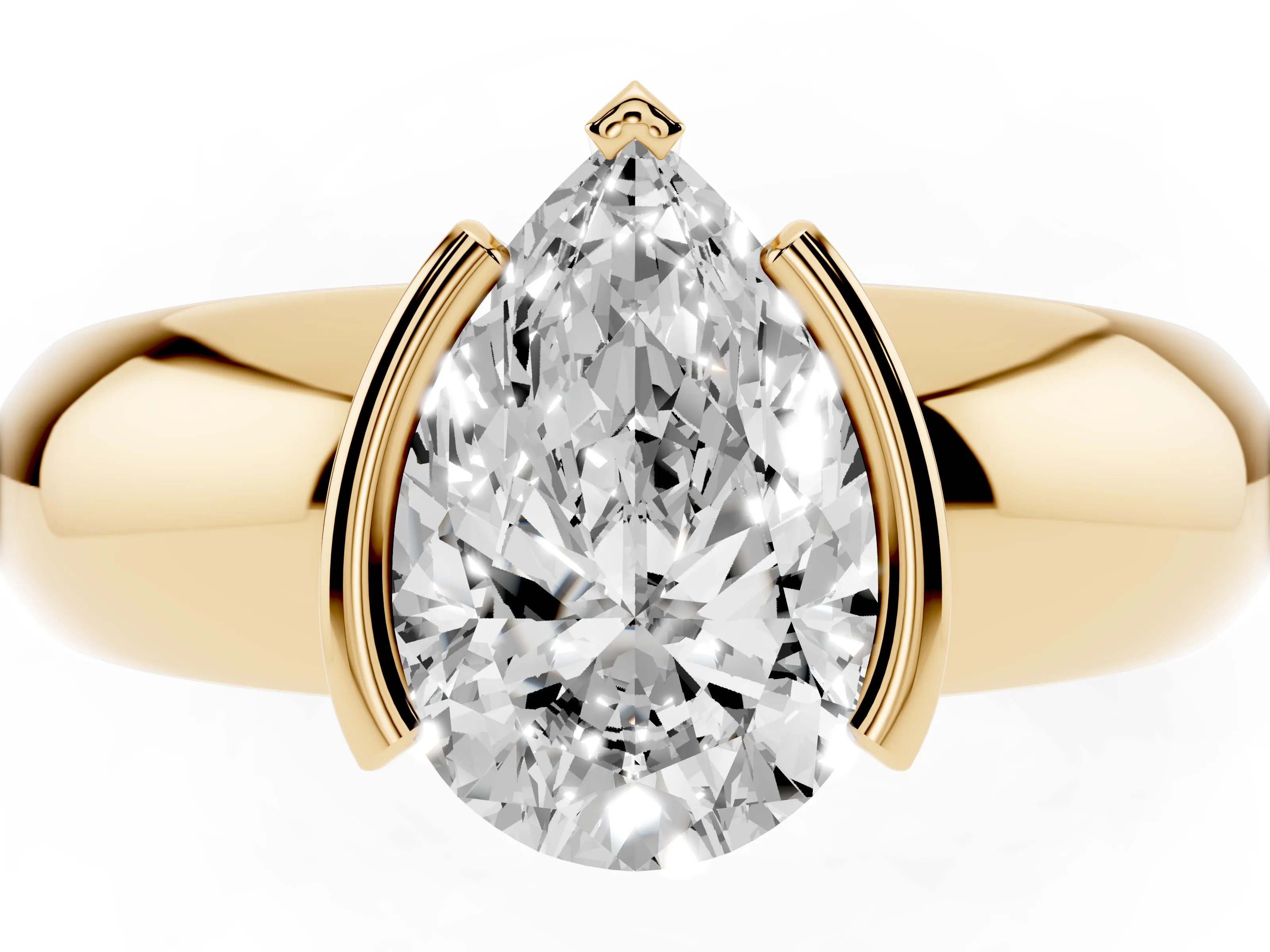 Pear Cut Diamond Solitaire Tension Set Ring Set in Yellow gold with Wide Band