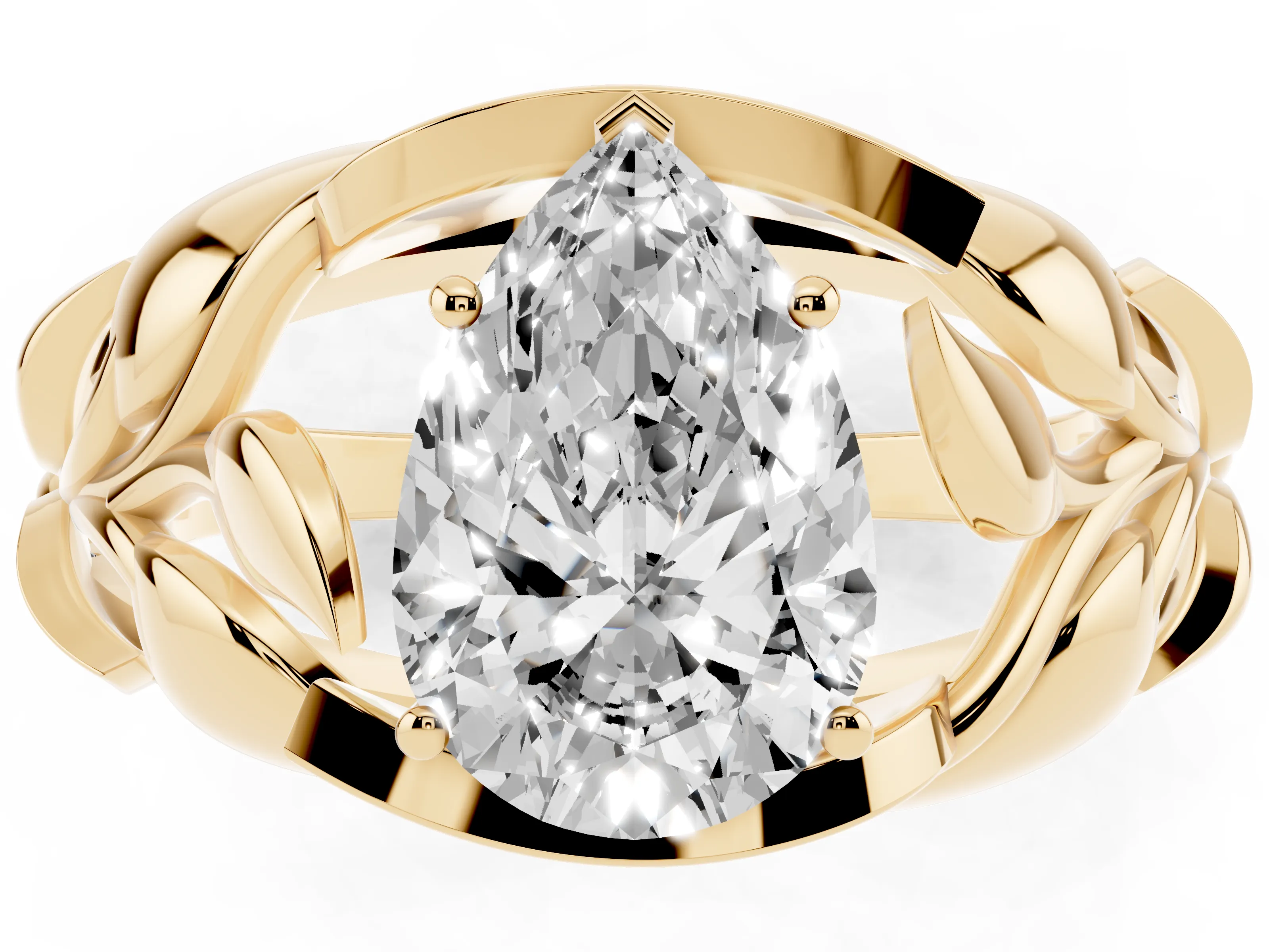 Pear Cut Diamond Leaf-Inspired Engagement Ring Set in Yellow gold with Round Accents