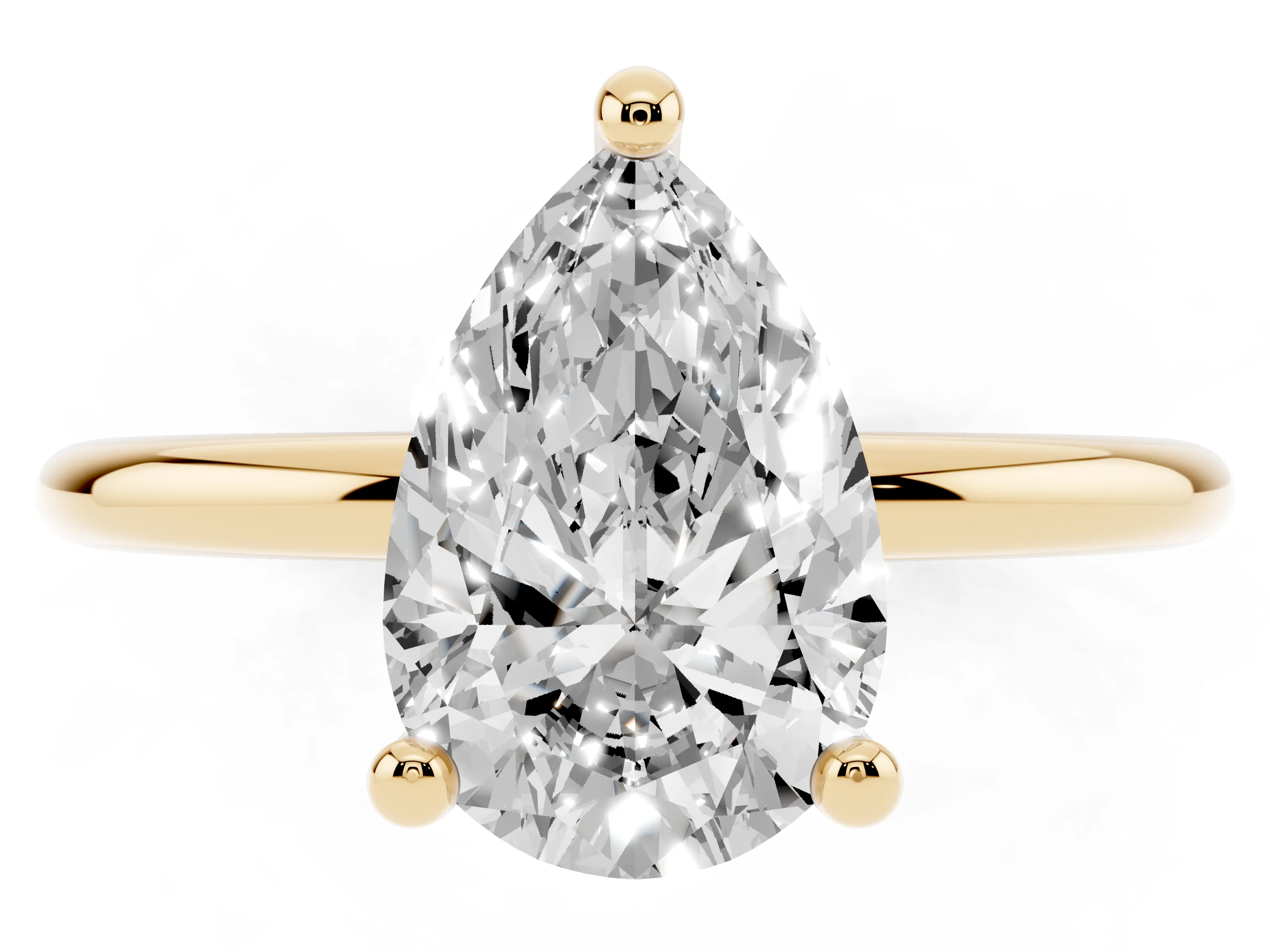 Pear Cut Diamond Solitaire Ring Set in Yellow gold with Secure Prong Setting on a Classic Band
