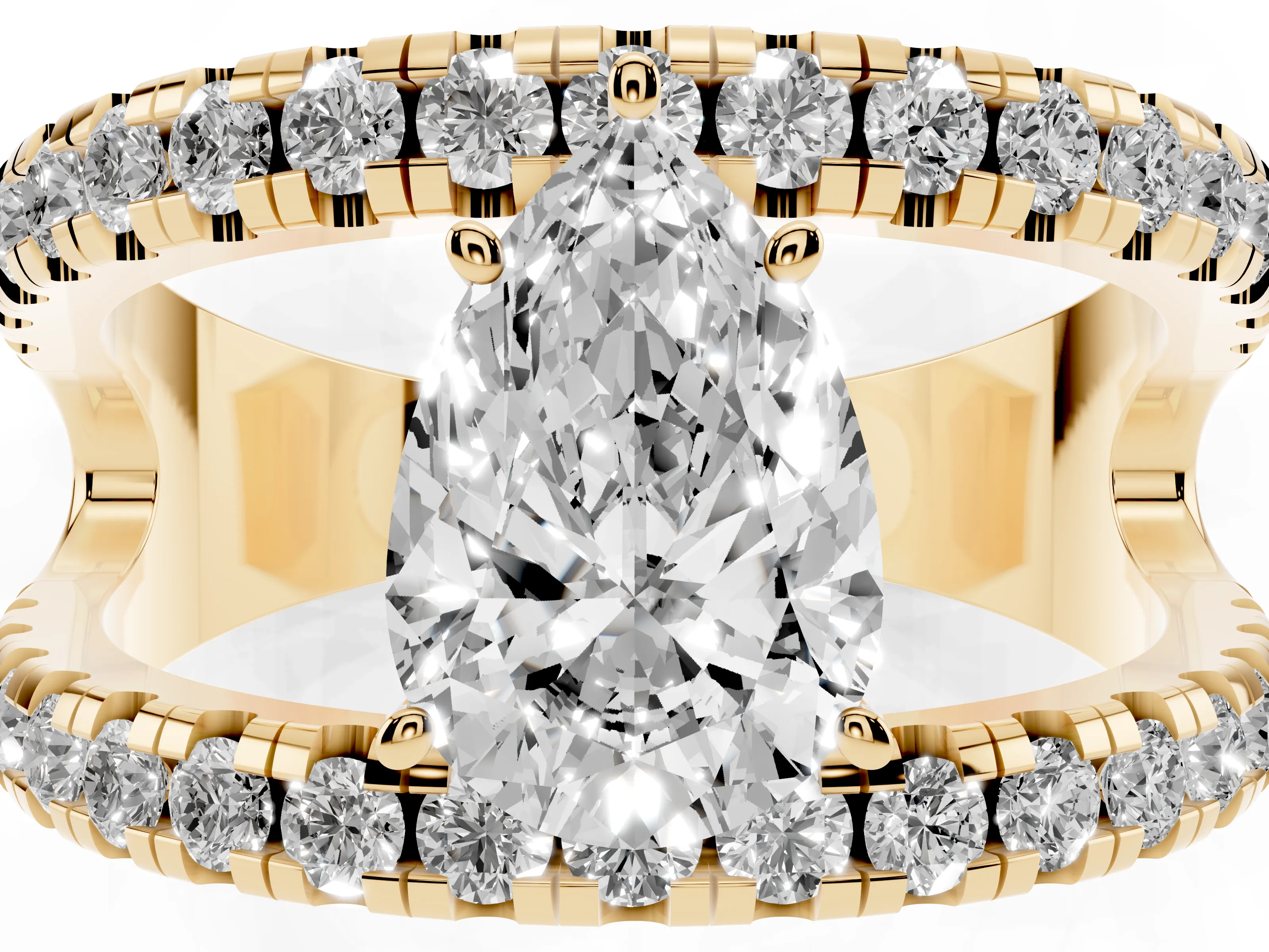 Pear Cut Diamond Split Shank Pavé Solitaire Ring Set in Yellow gold with Open Shank Design