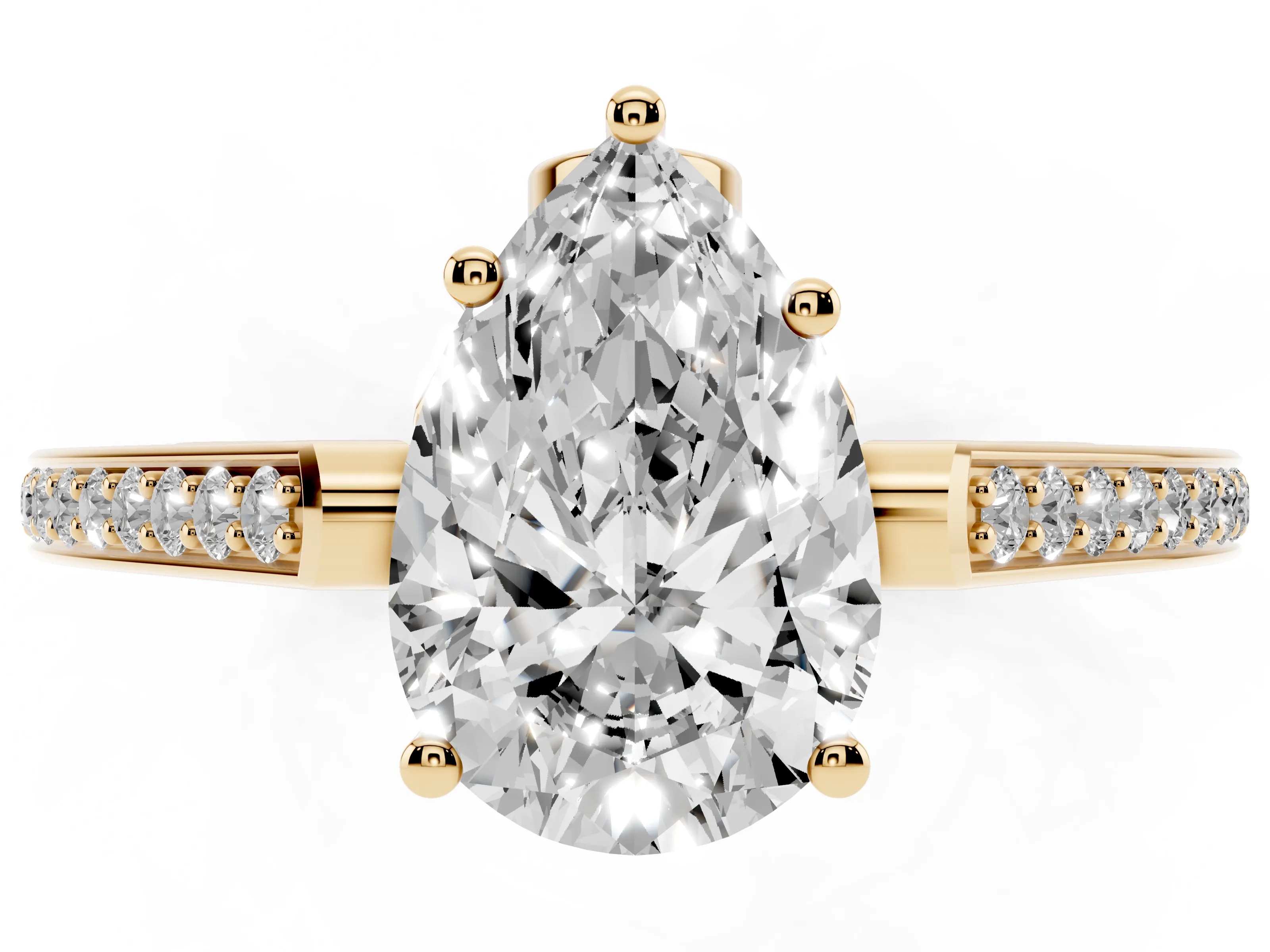 Pear Cut Diamond Cathedral Pavé Engagement Ring Set in Yellow gold with Prong Setting