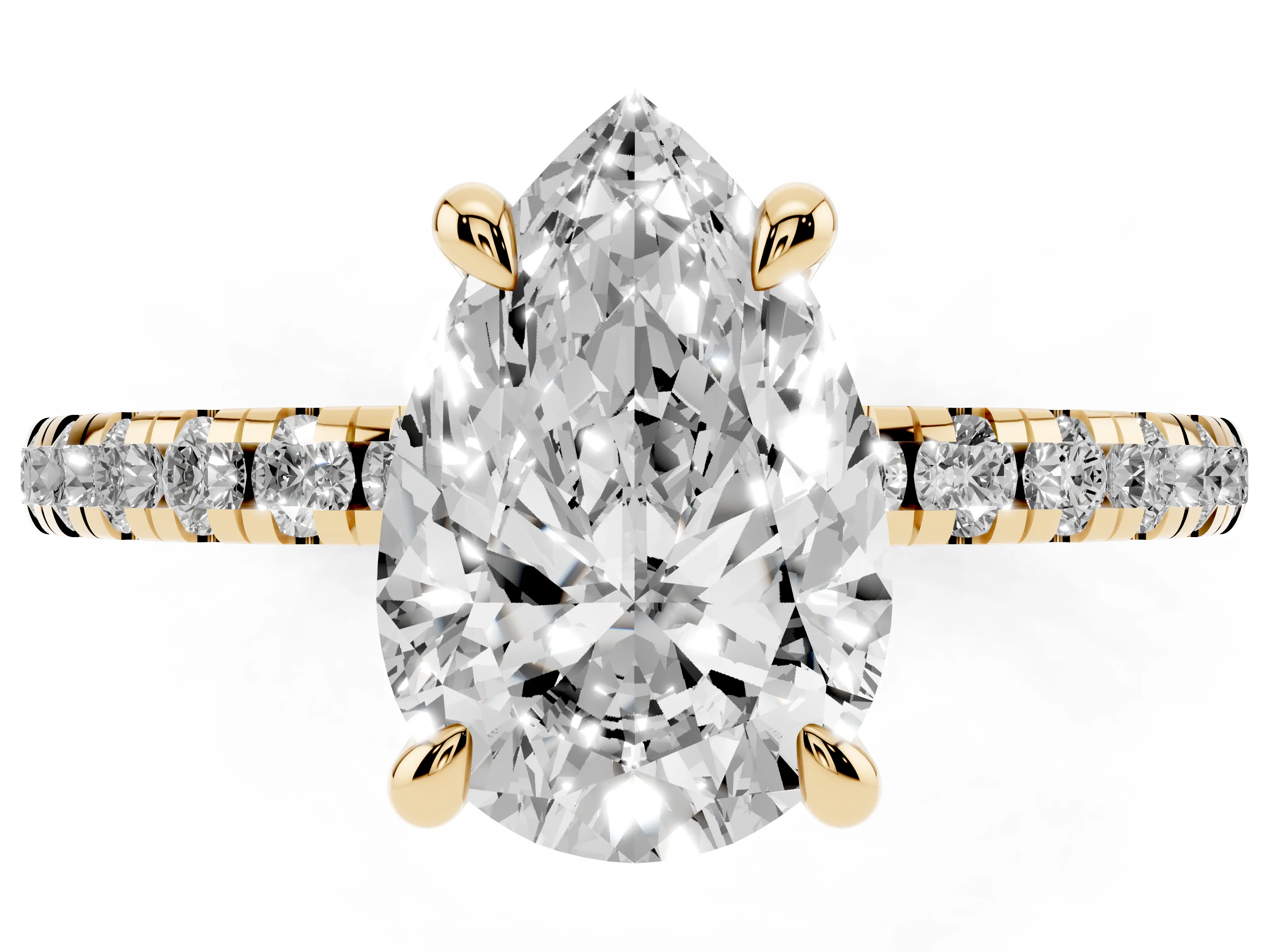 Pear Cut Diamond Brilliant Solitaire Ring Set in Yellow gold with Pavé Band and Prong Setting