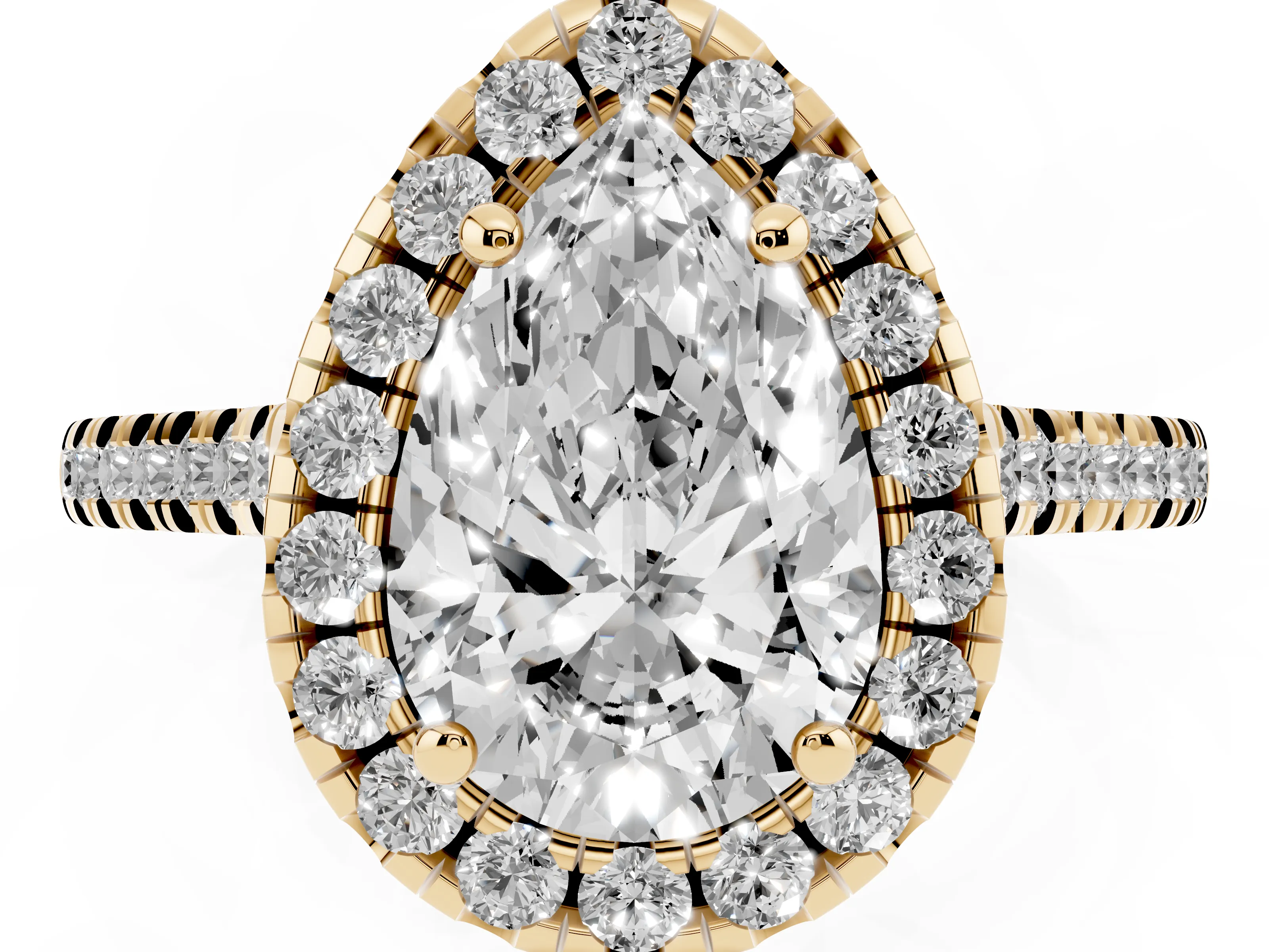 Pear Cut Diamond Cushion Halo Ring Set in Yellow gold with Pavé Band