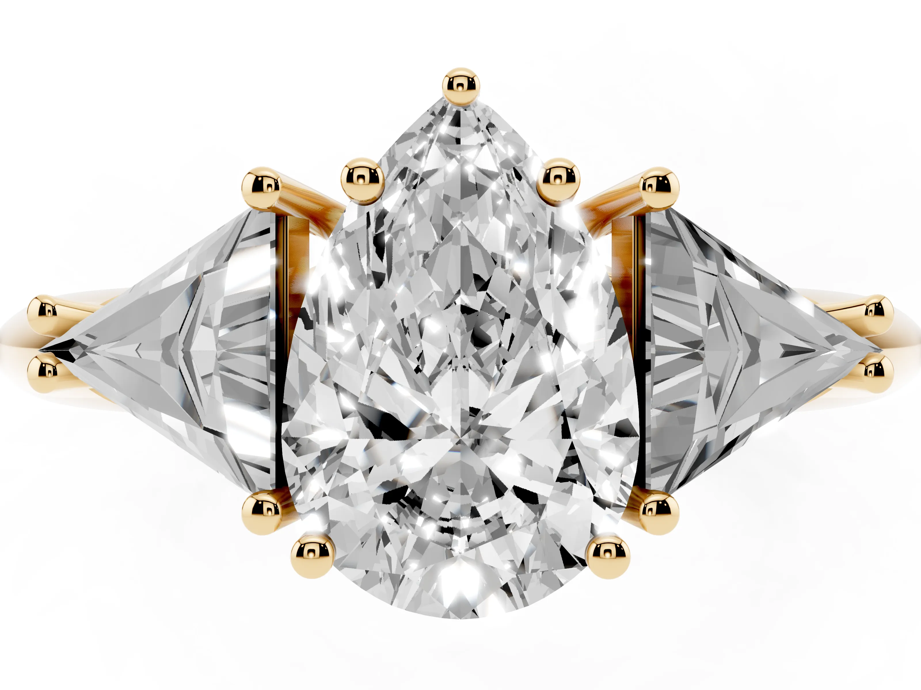 Pear Cut Diamond Three-Stone Engagement Ring Set in Yellow gold with Trillion Side Stones