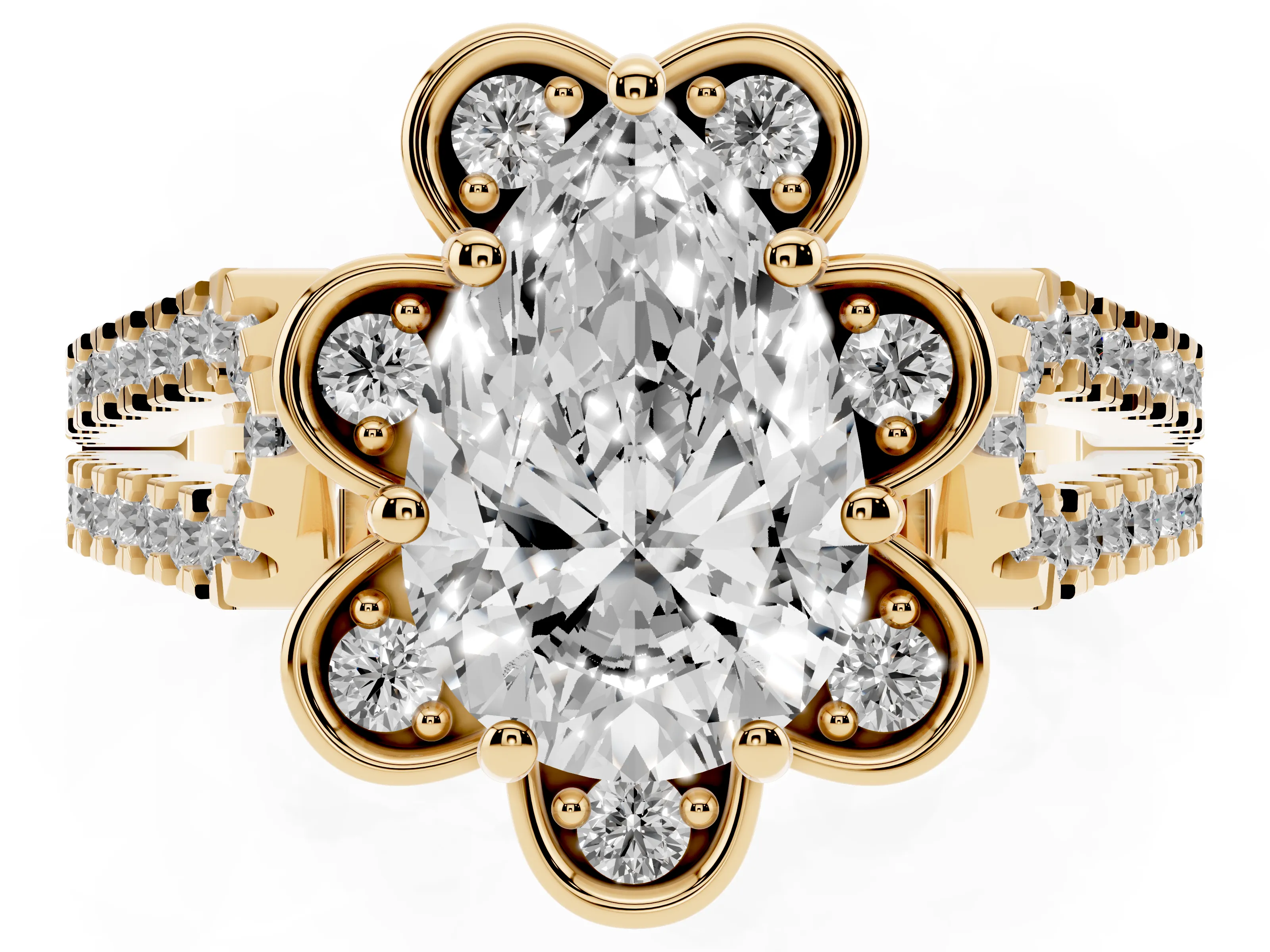 Pear Cut Diamond Floral Halo Split Shank Engagement Ring Set in Yellow gold with Pavé Shank