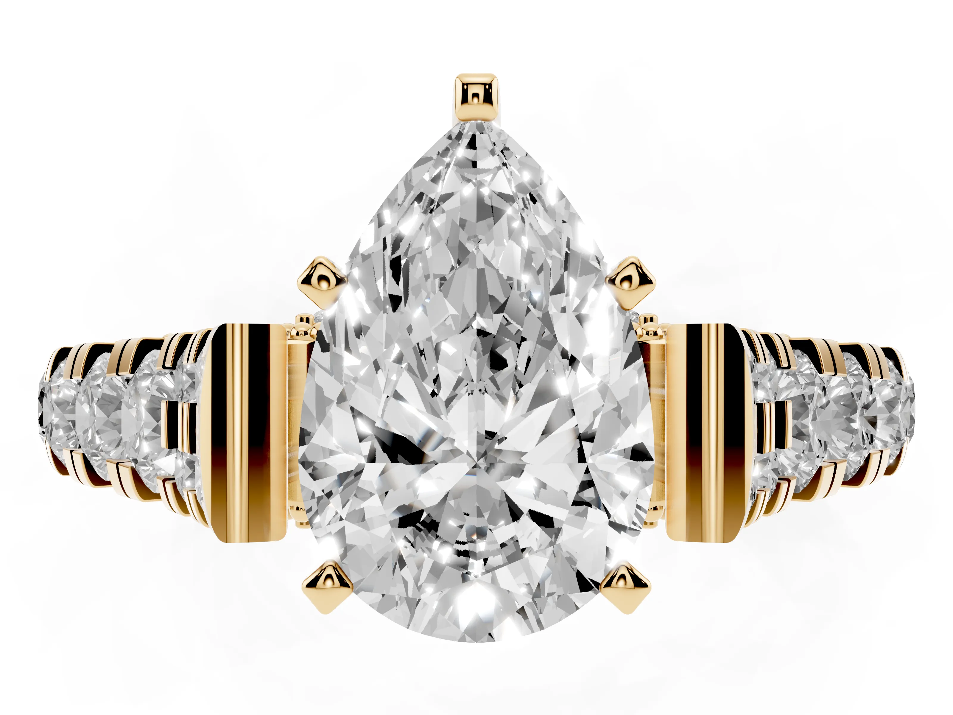 Pear Cut Diamond Classic Solitaire Ring Set in Yellow gold with Pavé Band and Prong Setting