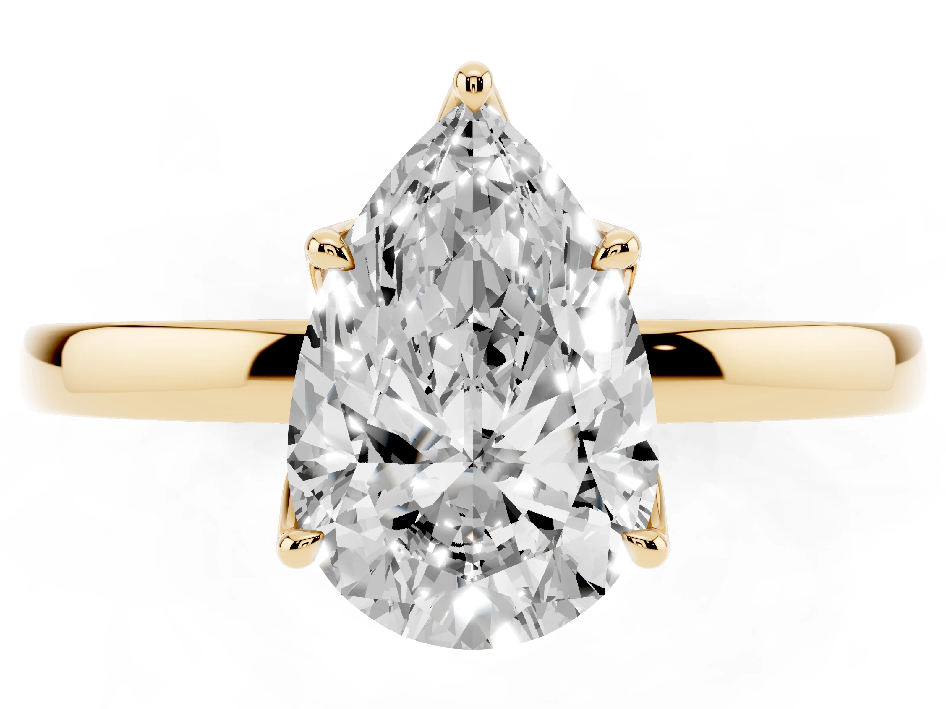 Pear Cut Diamond Solitaire Ring Set in Yellow gold with Prong Setting and Thin Polished Band