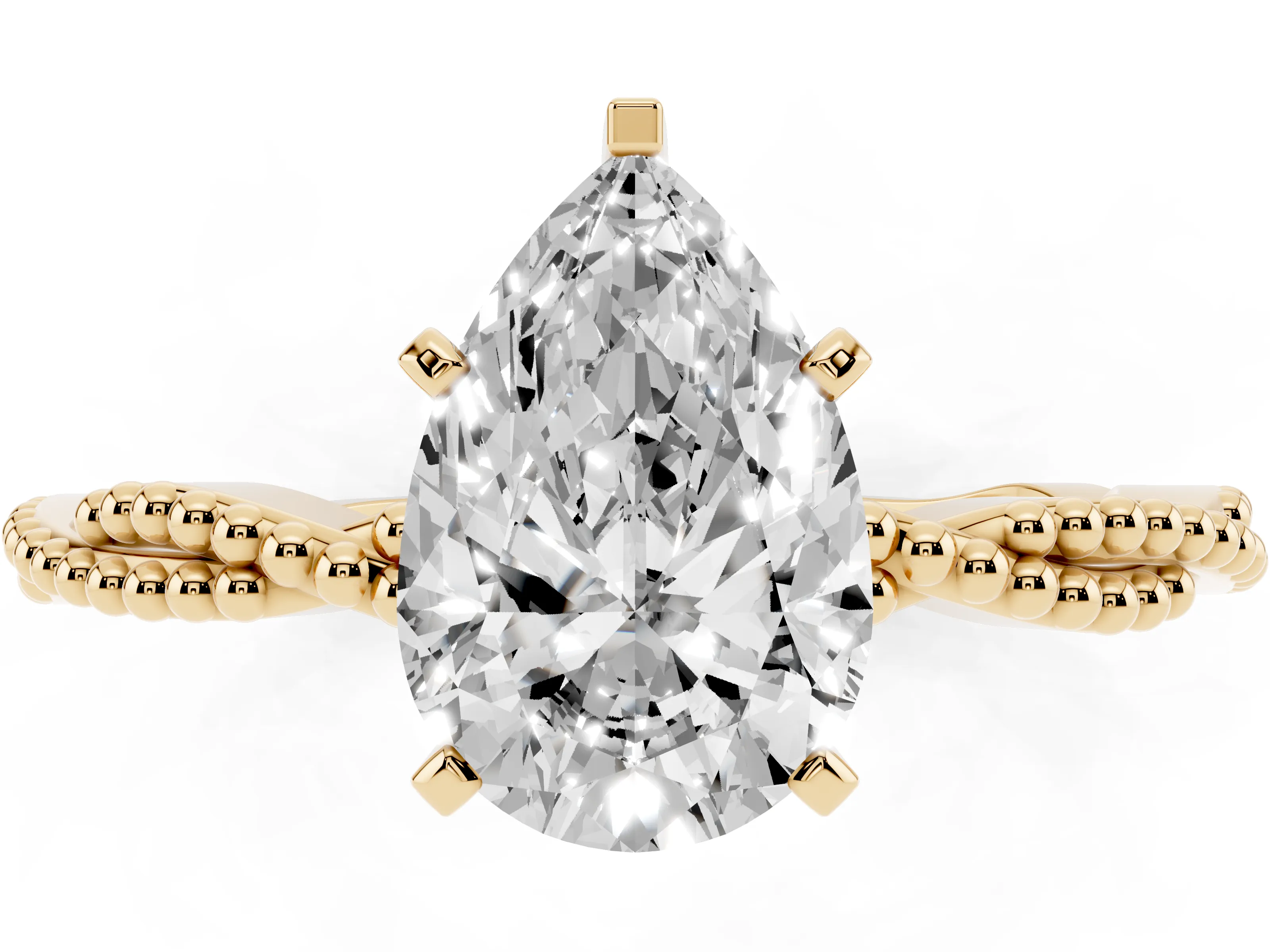 Pear Cut Diamond Solitaire Ring Set in Yellow gold with Twisted Band and Bead Prong Setting